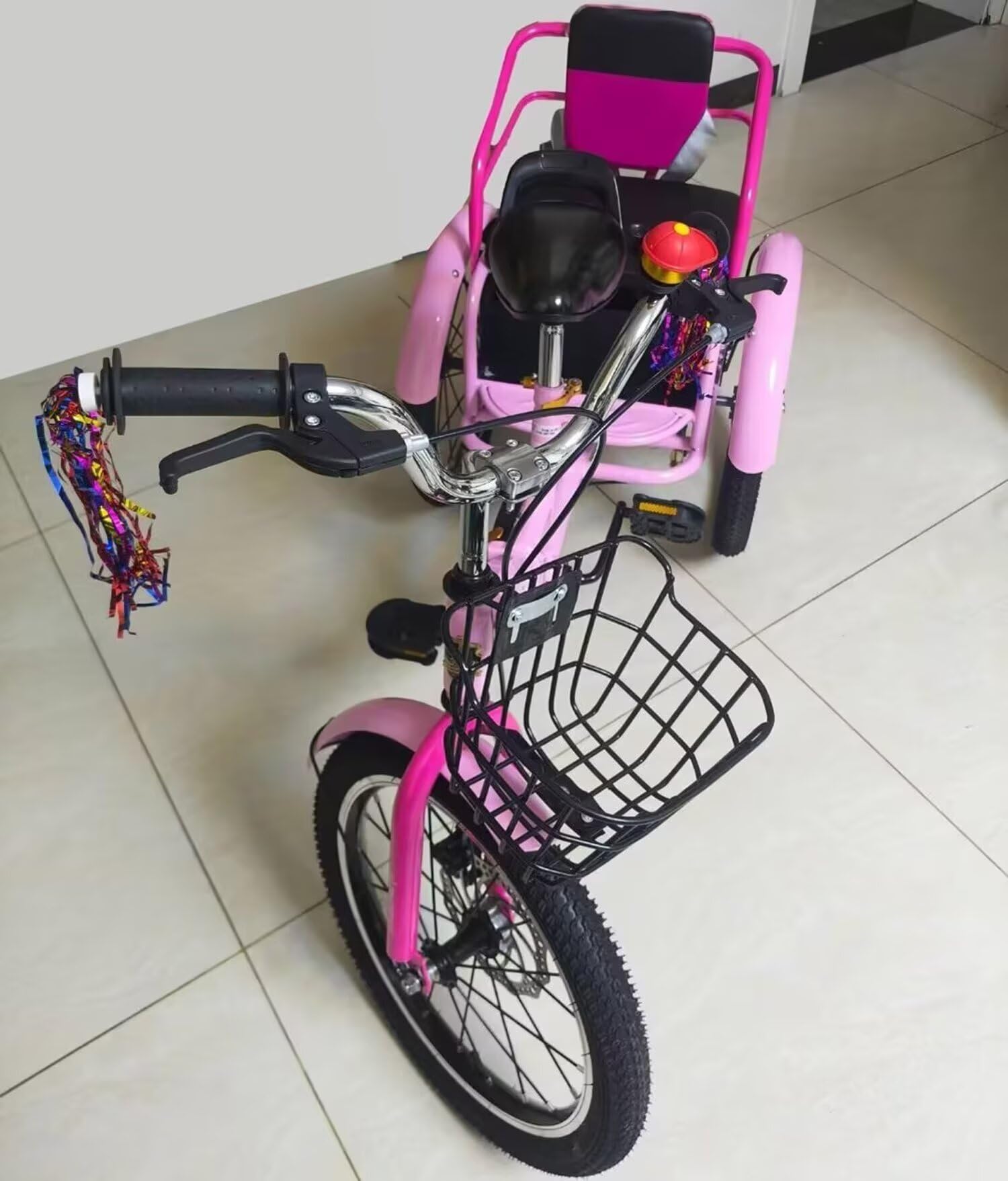 Bicicletta a tre ruote Triciclo pieghevole con sedile posteriore, doppi freni, pneumatici multicolori da 14-18 pollici(Pink,16inch)