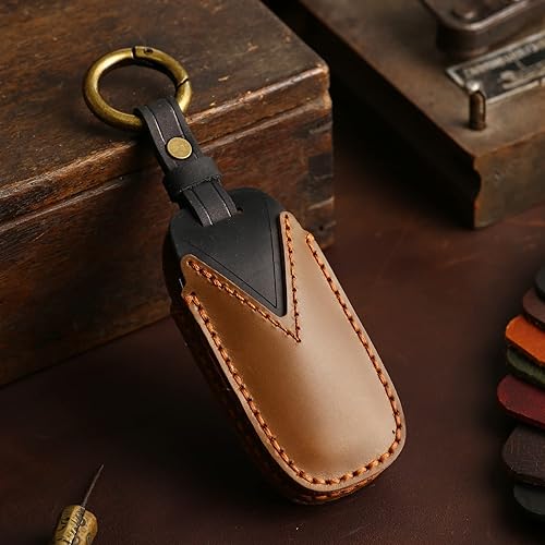 Miniatura 4 de Funda de cuero genuino para llavero para Nissan Ariya Versa Pathfinder Rogue 2023 adecuada para 5 botones inteligente protector remoto (marrón)