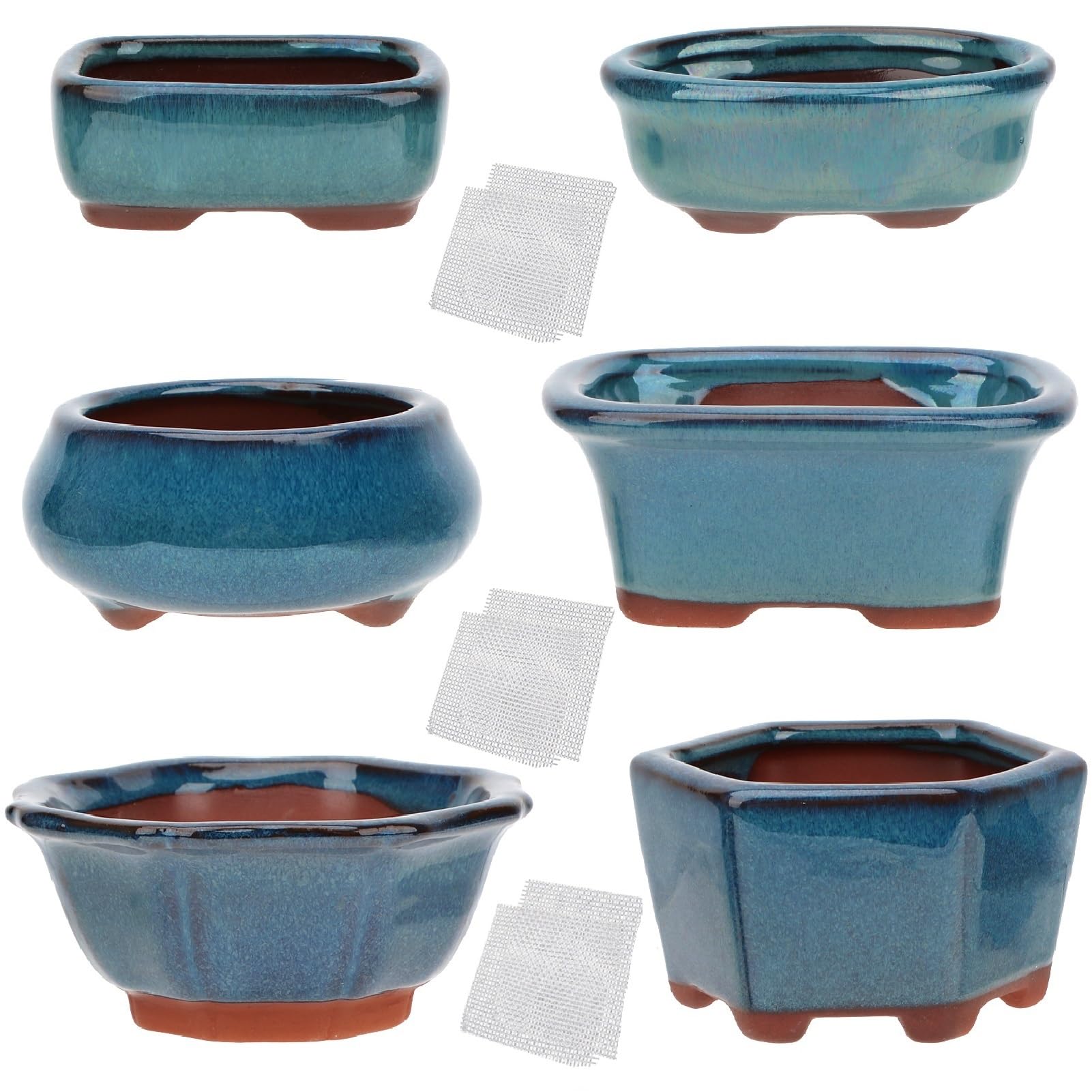 Happy Bonsai 6-teiliges Mini-Töpfe aus glasiertem Glas + 6 weiche Maschen-Drainagesiebe