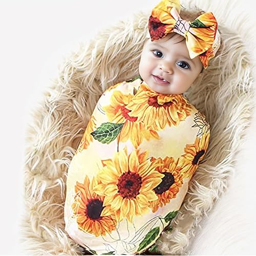 Miniatura 8 de Galabloomer Conjunto de diadema para recién nacido, con estampado de flores, manta para envolver al bebé (flor marfil)