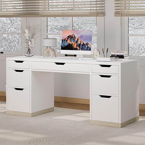 Escritorio blanco con 7 cajones, escritorio ejecutivo de 54 pulgadas con cajones para dormitorio, escritorio de oficina en casa con gabinete para