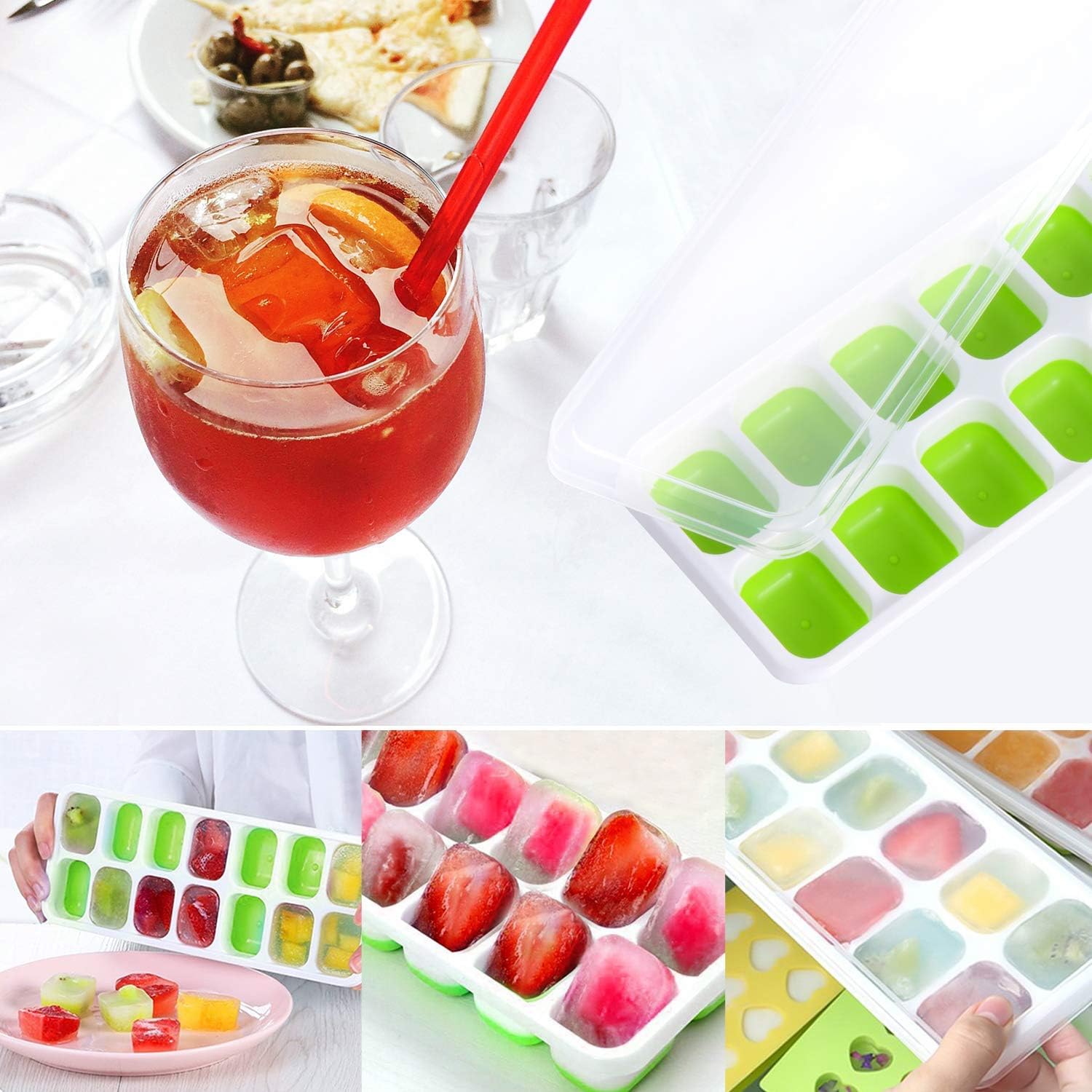 Ice Cube Trays, 3 Pack Silicone Easy-Release and Flexible Ice Trays with Spill-Resistant Removable Lid, Durable and Dishwasher Safe