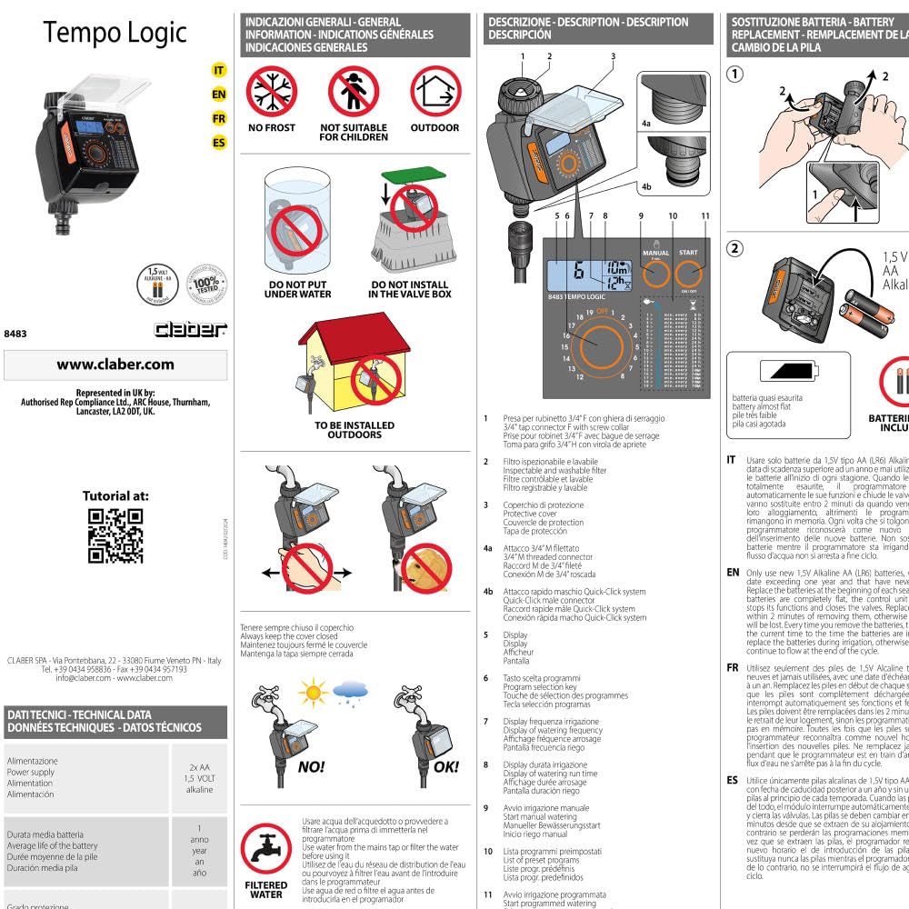 Claber Tempo Logic, programmatore digitale a rubinetto a una via