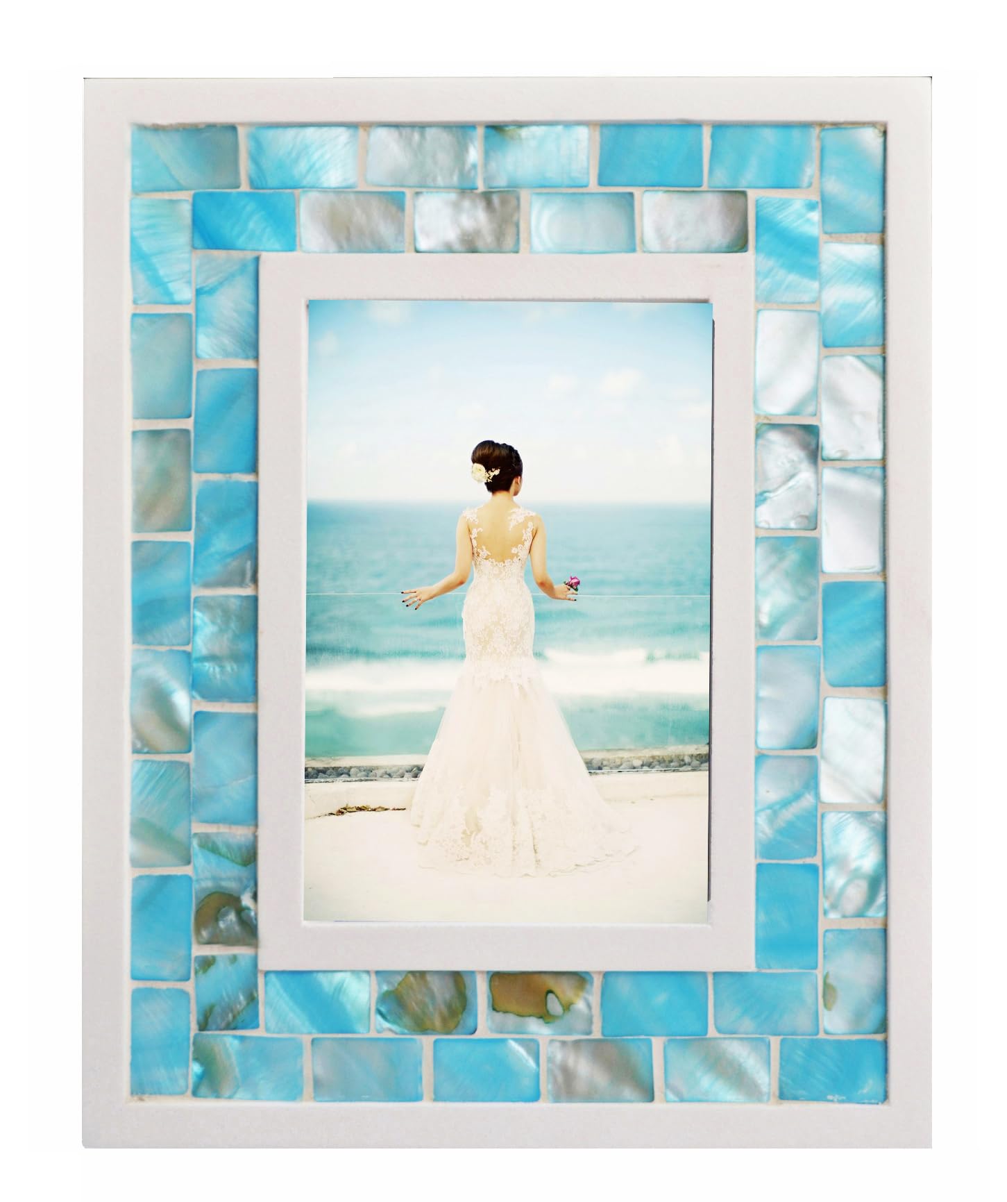 GIFTME 5 Picture Frame 4x6 Mother of Pearl Photo Frame 4 by 6,Tabletop or Wall Hanging Mosaic Picture Frame (4x6 inch, Blue)