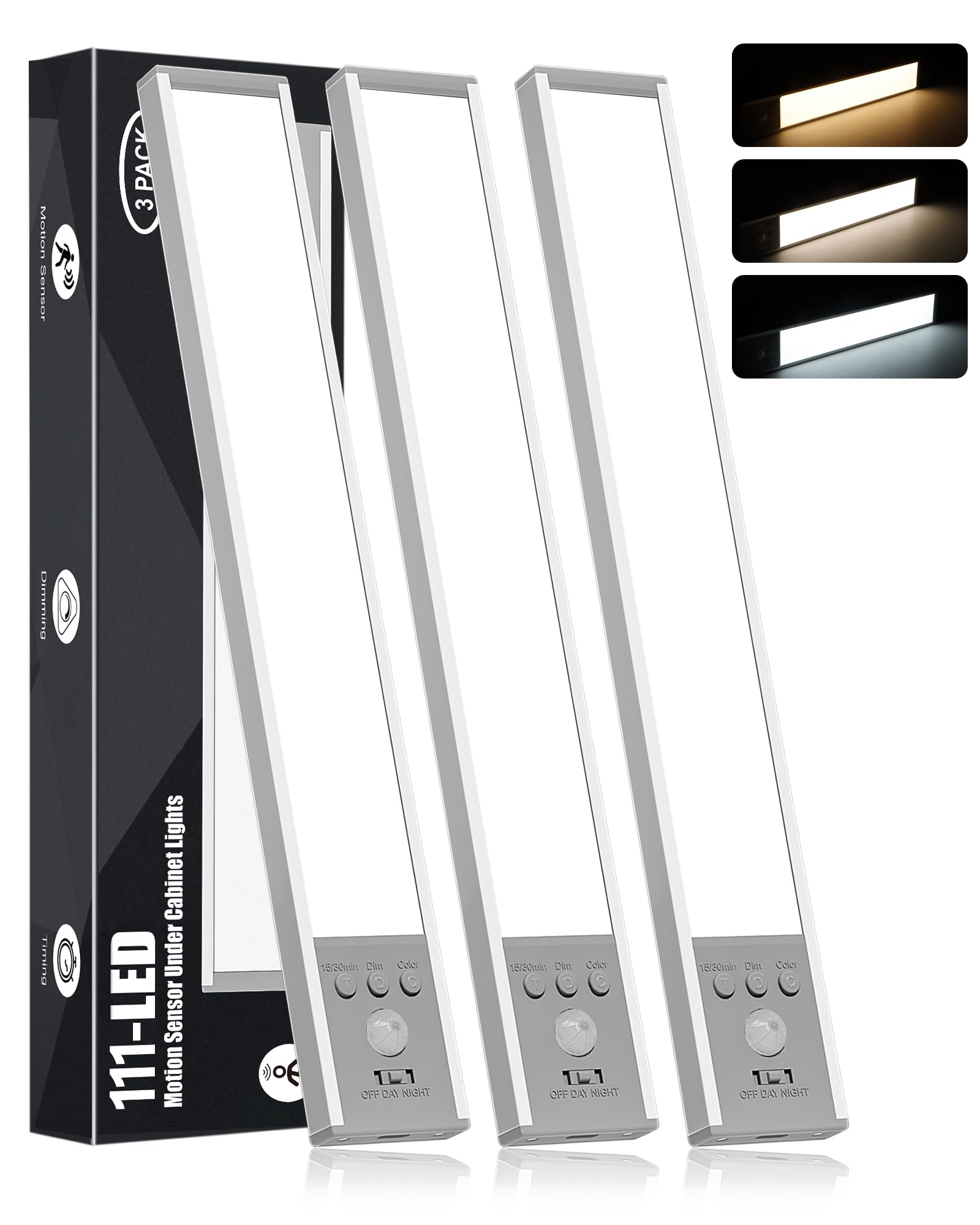 Diomart Under Cabinet Lighting Wireless,111- LED Operated Motion Sensor Light Indoor,1500mAh Rechargeable Closet Lights,Magnetic Dimmable Closet Lights Under Counter Lights for Kitchen, Stairs, 3Pack