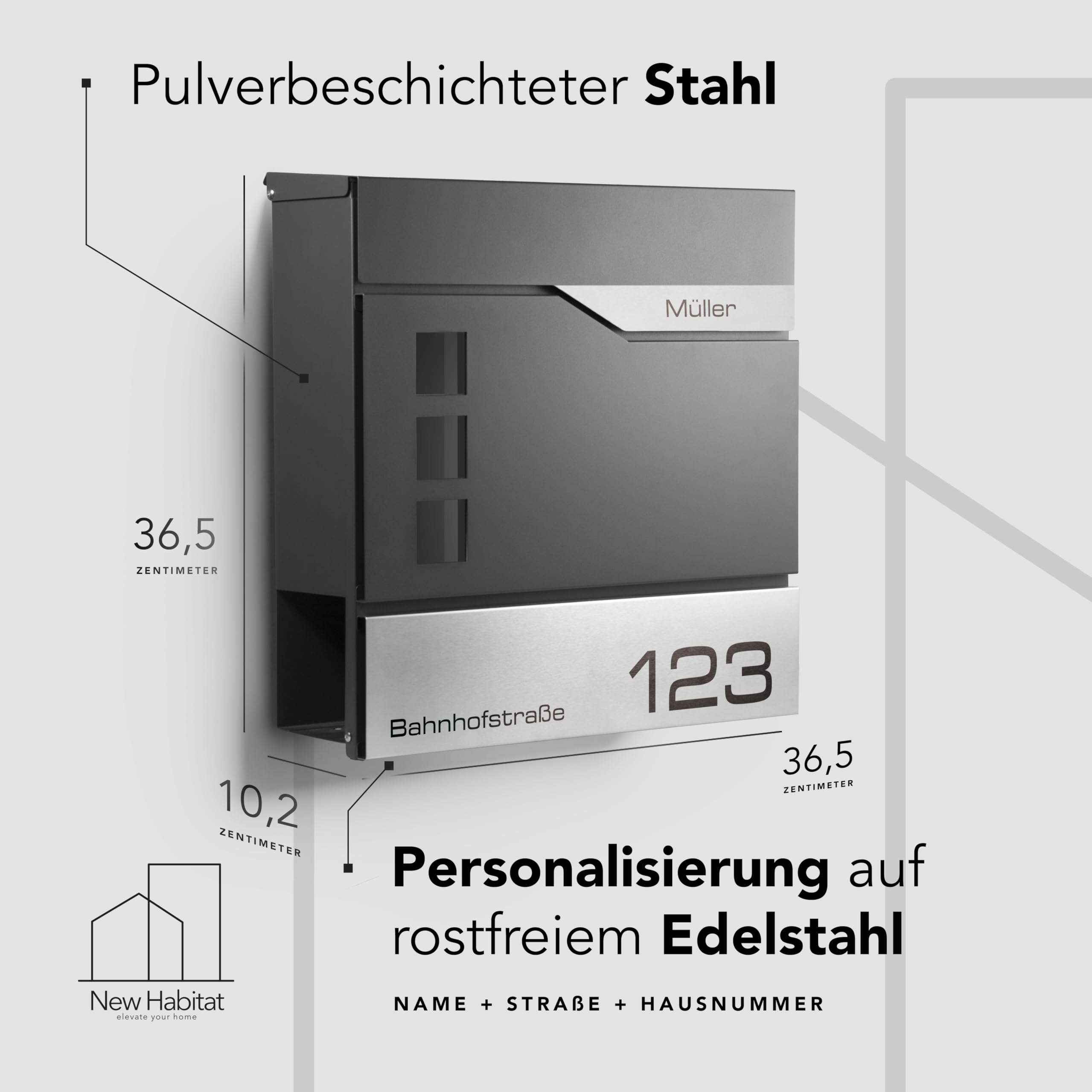 Moderner Briefkasten Personalisierbar Oslo Anthrazit RAL7016 - mit Zeitungsfach - Wandbriefkasten mit Edelstahl Namensschild und Hausnummer Gravur I Rostfrei und UV-beständig (Mit Gravur)