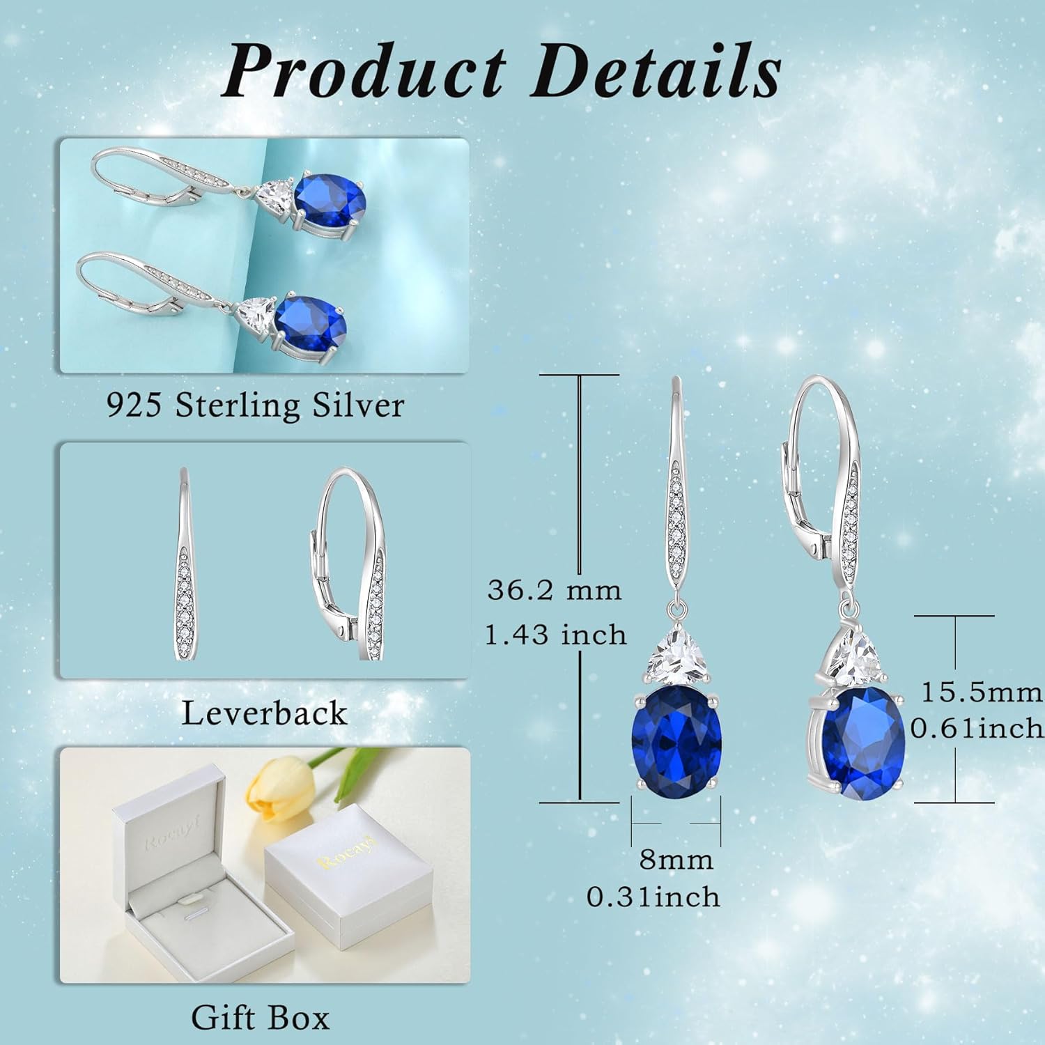 Oval Dangle Drop Earrings for Women 925 Sterling Silver Leverback Earrings Birthstone Jewelry for Her