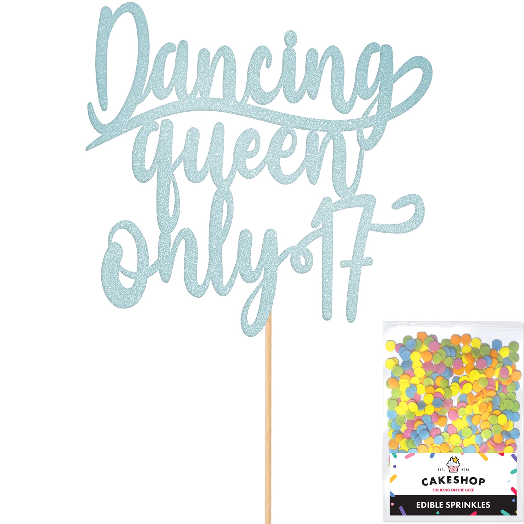 Cakeshop Personalised Dancing Queen Birthday Glitter Cake Topper - Light Blue - Any Name & Age - Glitter Cake Decoration and Sprinkles - Happy Birthday Decorations - Custom Toppers for Cakes