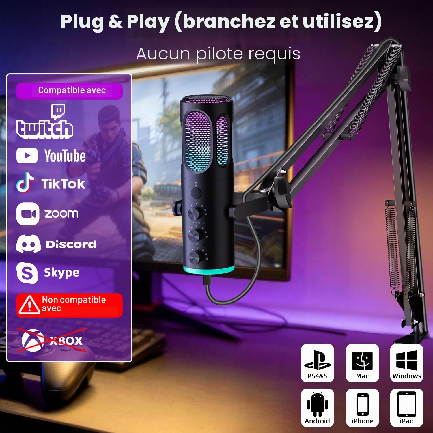 Ortizan Microphone de Jeu USB, Microphones à condensateur pour PC, PS4/5 et Mac, Microphone Podcast avec Suppression du Bruit, Microphone avec sourdine, réverbération, Surveillance, Bras réglable | Pour le streaming, les podcasts, YouTube, Discord, Zoom e