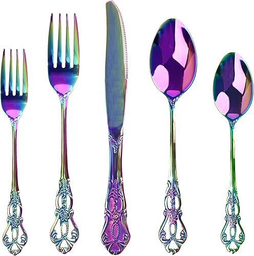 Gorgeous Retro Royal Rainbow - Juego de cubiertos de acero inoxidable de 20 piezas, multicolor, juego de cubiertos de acero inoxidable antioxidante,
