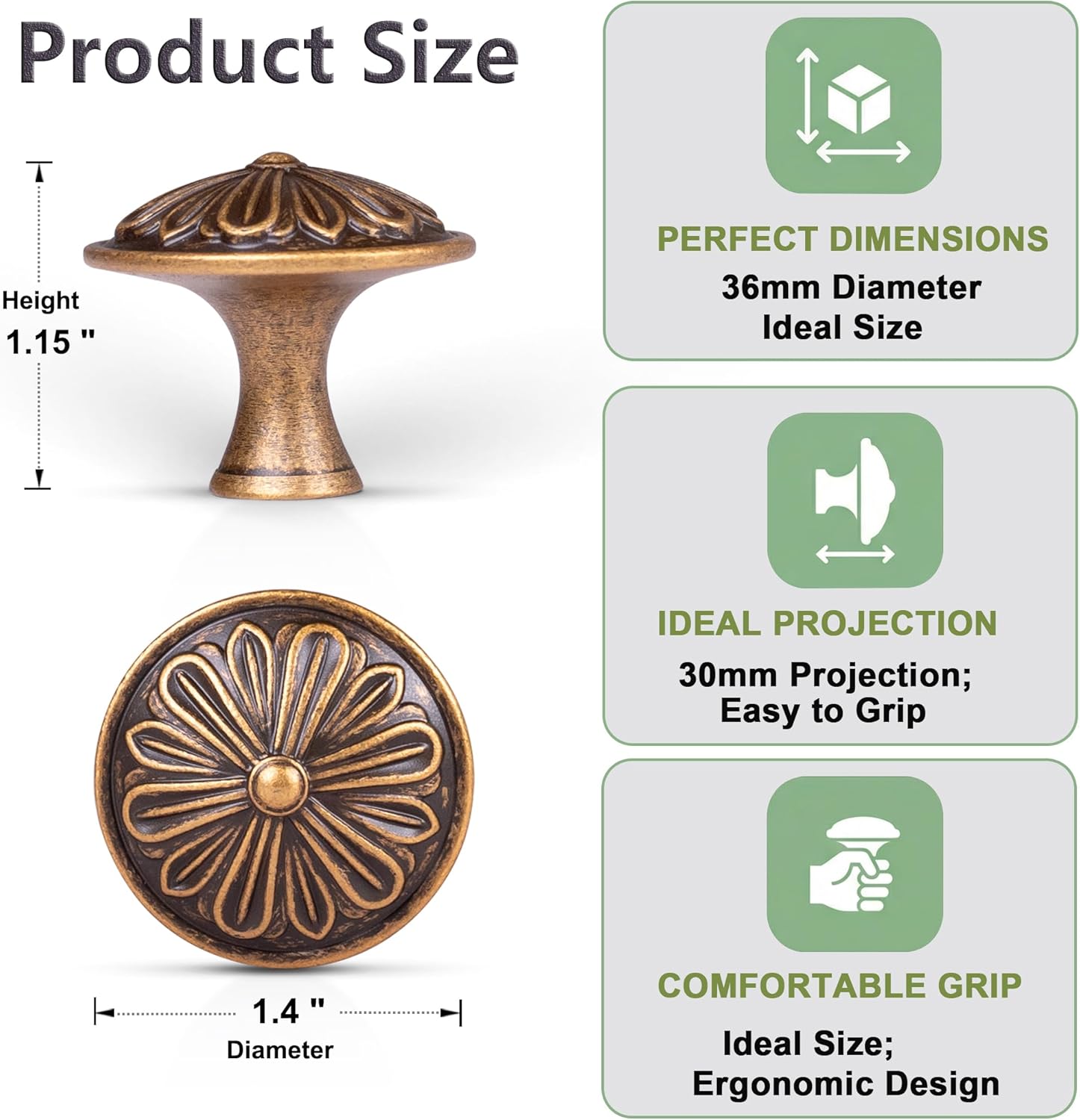 DWYL & LWYD Antique Brass Cabinet Knobs 16 Pack - Solid Zinc Alloy 1-2/5"Dia – Vintage Brass Knobs for Kitchen Cabinets and Dresser Drawers,Drawer Knobs Vintage Dresser Knobs