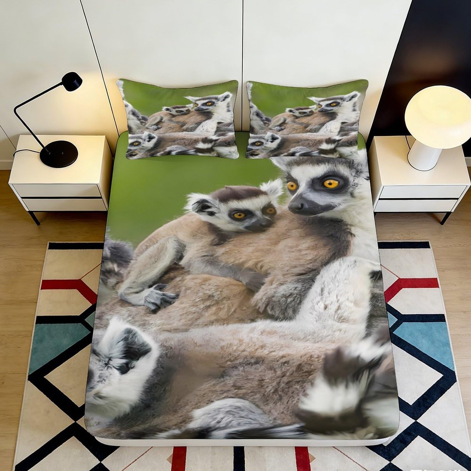 3D Printed Lemur Family Fitted Sheet Microfiber Anti-Slip Bed Cover for Bedroom Decor Dust Protection Machine Washable 90x200x25cm