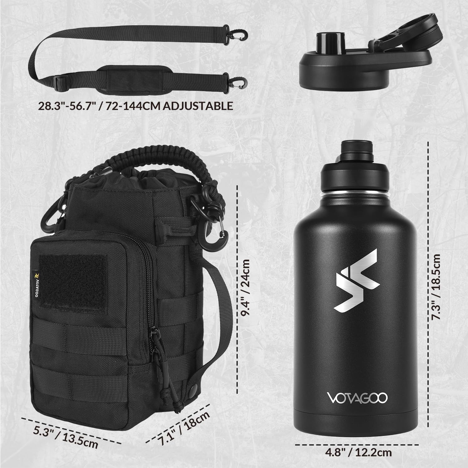 Taktische Wasserflasche, 1,8 l, Edelstahl, isolierte Wasserflasche, Metall-Militärflasche mit robuster, abnehmbarer Hülle, taktische Tragetasche für Wandern, Camping, Jagd