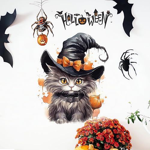 Miniatura 2 de Calcomanías de pared de gatito fantasma de Halloween, lindo gato de terror, calcomanías de pared de vinilo extraíble para Halloween, fiesta,