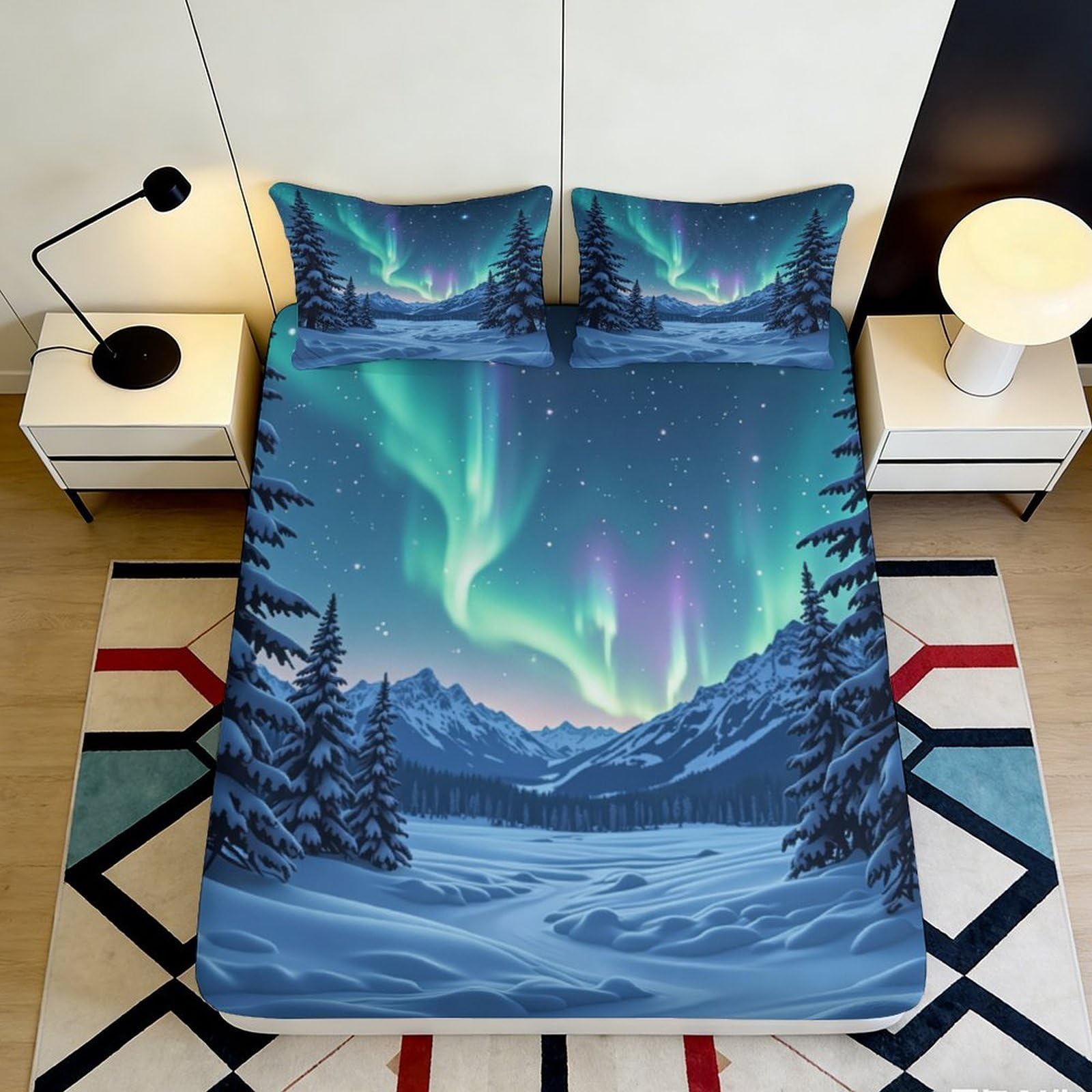 3D Printed Aurora Borealis Fitted Sheet Microfiber Soft Breathable Northern Lights Mattress Cover for Bedroom Dorm Decor 90x200x25cm