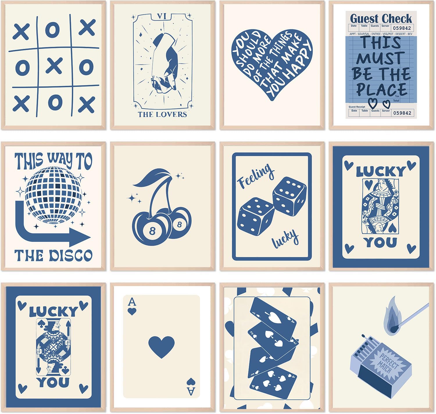 KBKBART 12pcs Blue Lucky Poster - Playing Card Wall Art, Poker Room Decor, Blue Trendy Wall Art, Funky Posters Aesthetic Pictures, Retro Ace Prints Queen of Hearts Decor for Bedroom (UNFRAMED)
