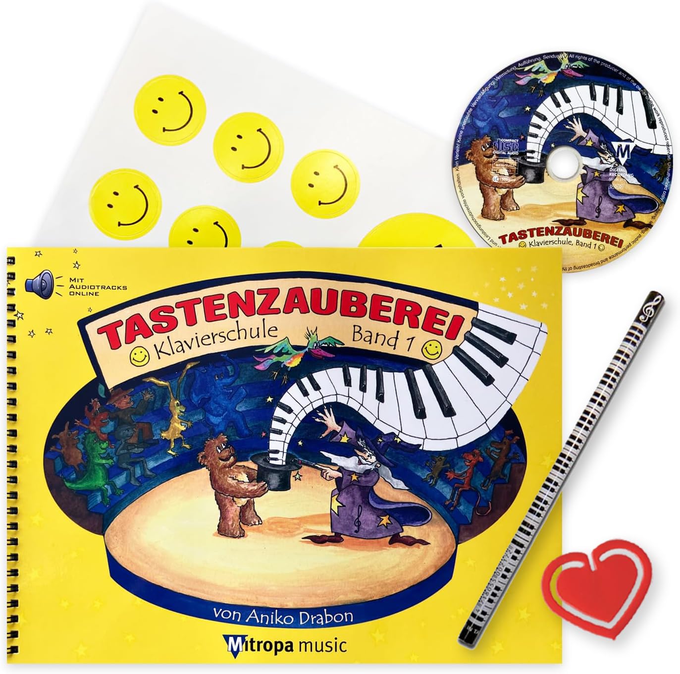 Tastenzauberei Klavierschule Band 1+ Online-Audiotracks Mikrofasertuch, Bleistift, Notenklammer und 7 lustigen Smiley-Stickern - Spiralbuchbindung