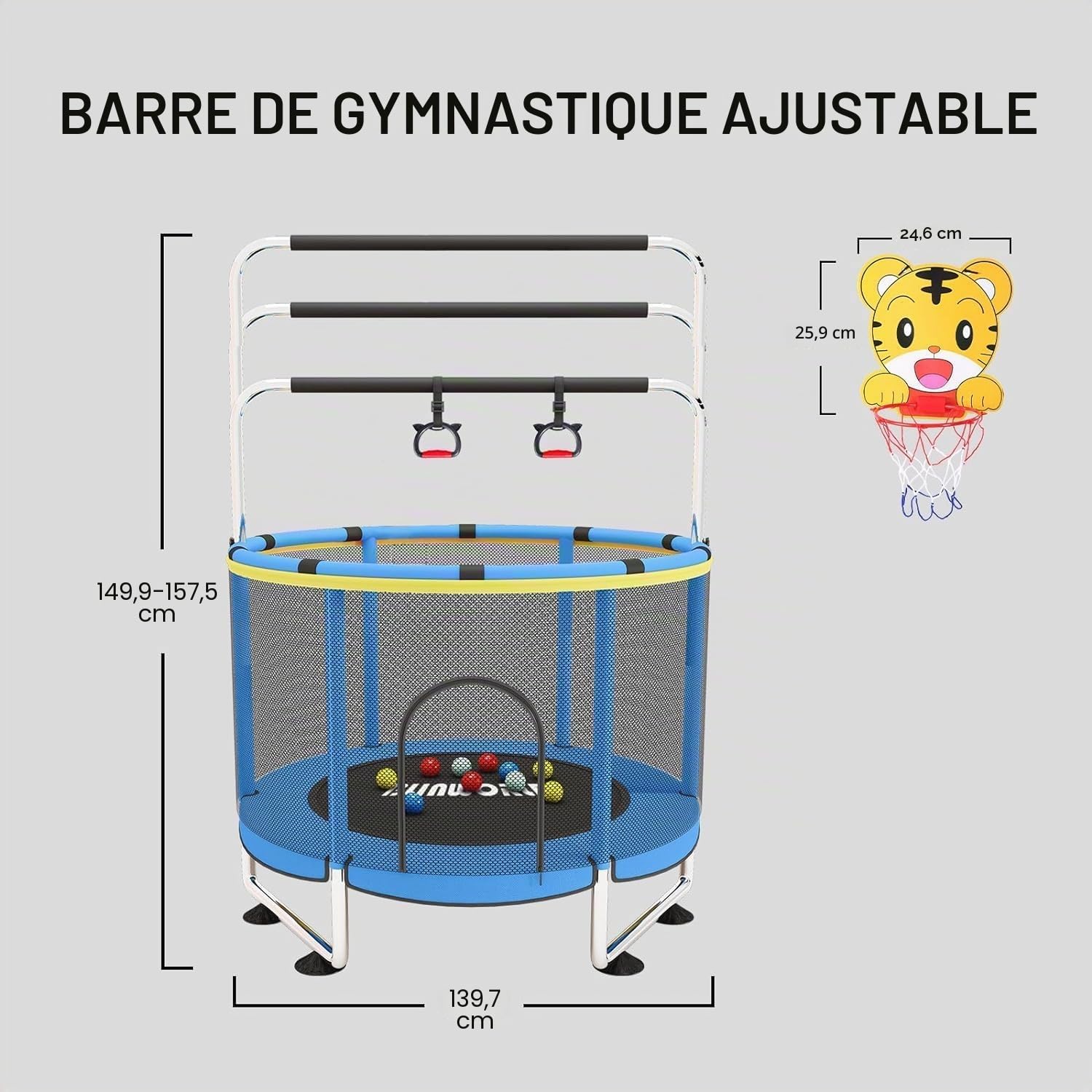 Trampoline pour Enfants, Trampoline réglable pour bébé avec Panier de Basket-Ball, Trampoline intérieur et extérieur de 200 kg avec enclos