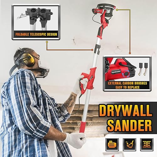 Miniatura 6 de Lijadora de paneles de yeso con 5 velocidades variables y LED de doble cubierta, 750 W de alta potencia, ideal para moler paneles de yeso, techos,