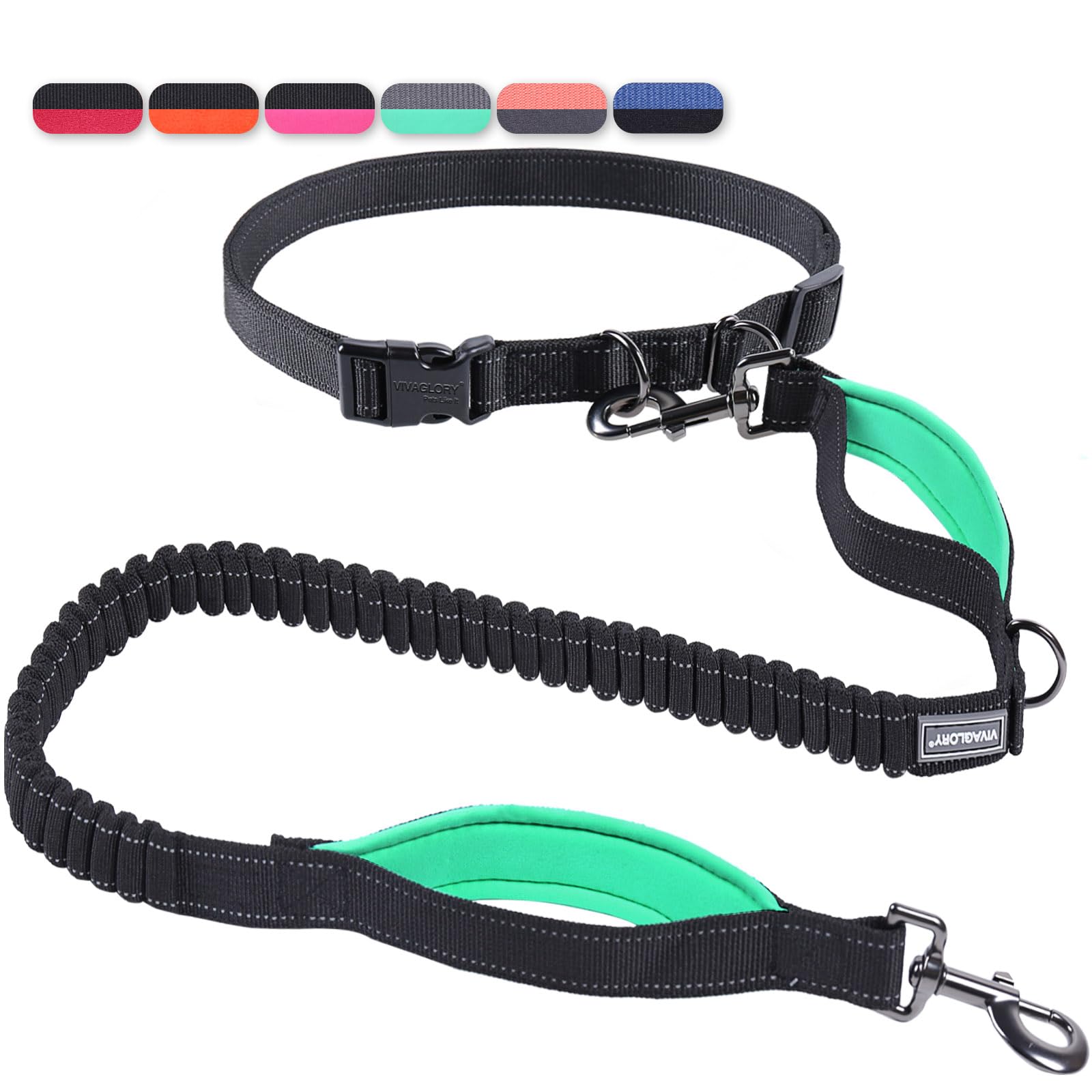 VIVAGLORY Hands Free Dog Leash Bungeeone Running Dog Leash with Waist Belt for Running Walking & Jogging, Bungee & Around Waist for Pet, M, Black/Turquoise