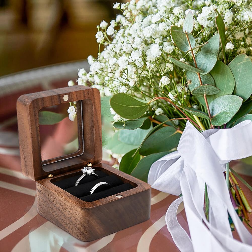 Boîte à Alliances En Bois De Noyer Avec Fenêtre Transparente - 5,5x5,5x3,5 Cm, Doublure Velours Noir