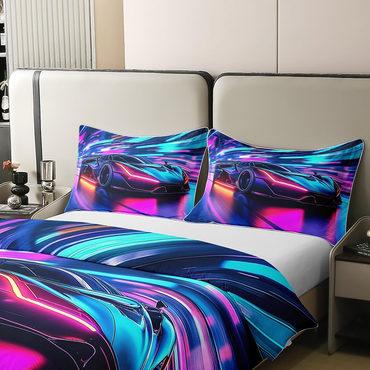 Extreme Car 100% bawełniana poszewka na kołdrę dla dzieci, nastolatków, dorosłych, zestaw pościeli do samochodu wyścigowego, niebiesko-fioletowy neonowy zestaw pościeli, fajna sportowa poszewka na