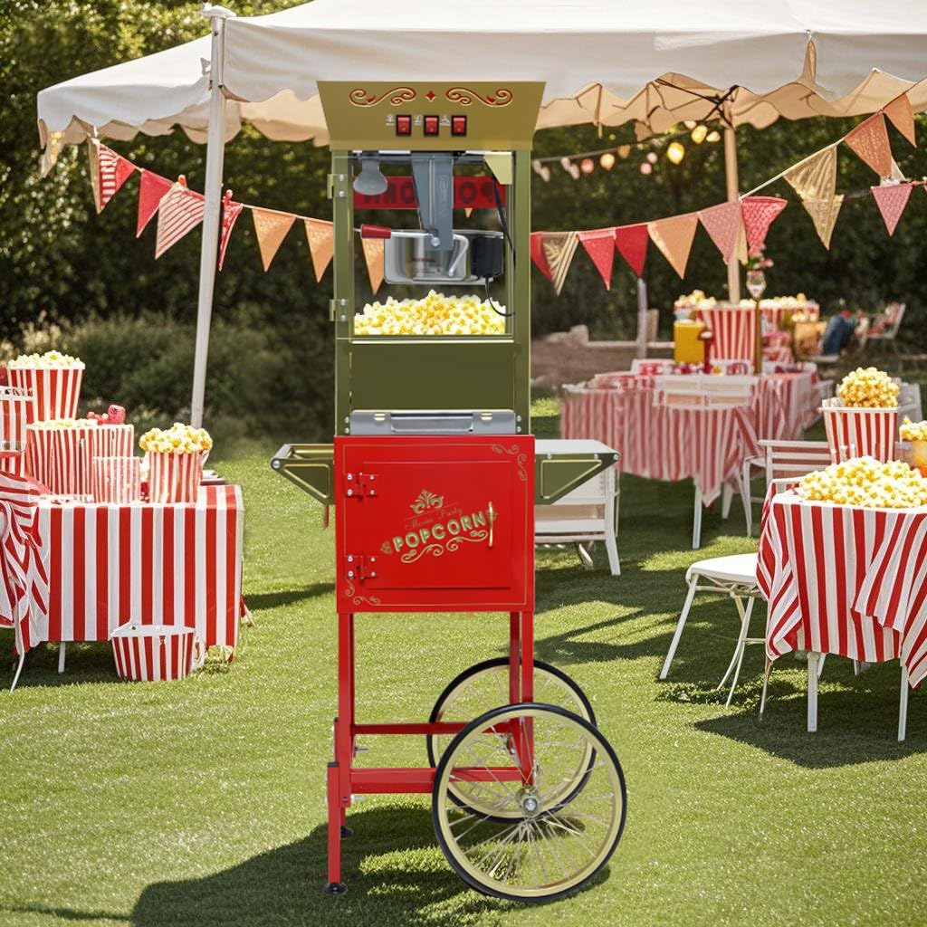Carrello per popcorn da 340 g con bollitore in acciaio inossidabile, lampada termica e accessori per riunioni di famiglia, feste, vacanze e distributori di popcorn al cinema, rosso