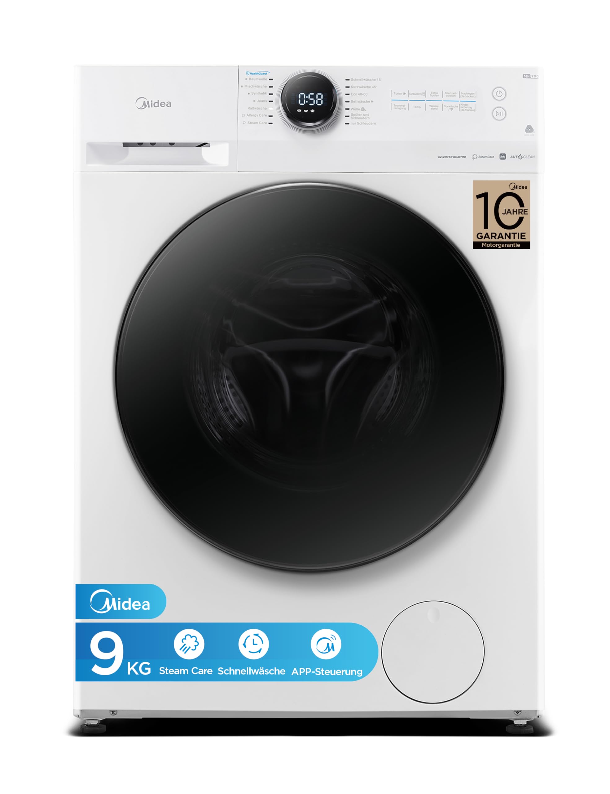 Midea MF200W90WB-14A Waschmaschine / 9KG / A/Leiser & effizienter Inverter Motor/HealthGuard-System/Steam Care/Nachlegefunktion/APP-Steuerung/AquaStop, Weiß