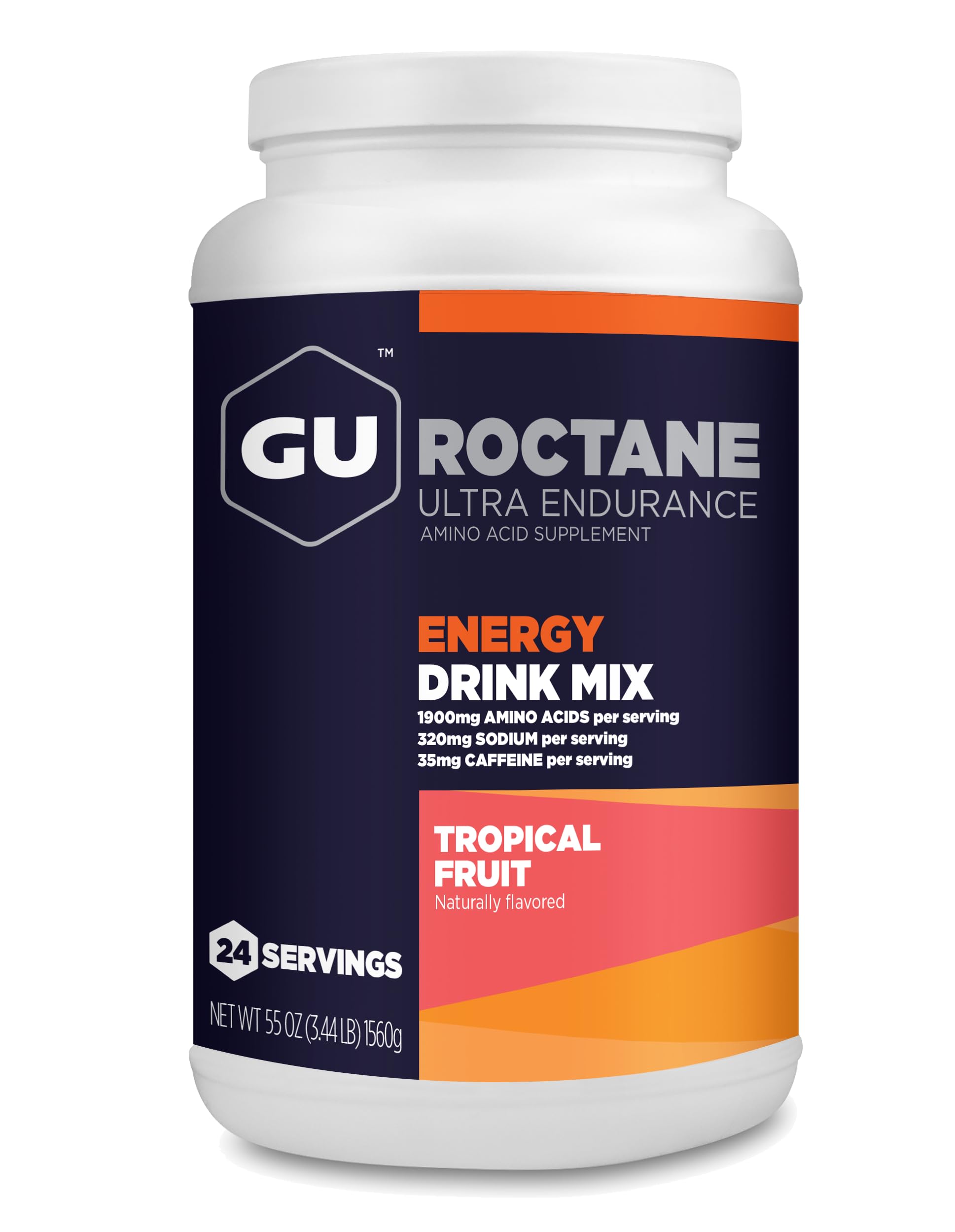 GU Energy Roctane Ultra Endurance Energy Drink Mix, Vegan, Gluten-Free, Kosher, 35mg of Caffeine, and Dairy-Free n-the-Go Energy for Any Workout, 3.44-Pound Jar, Tropical Fruit