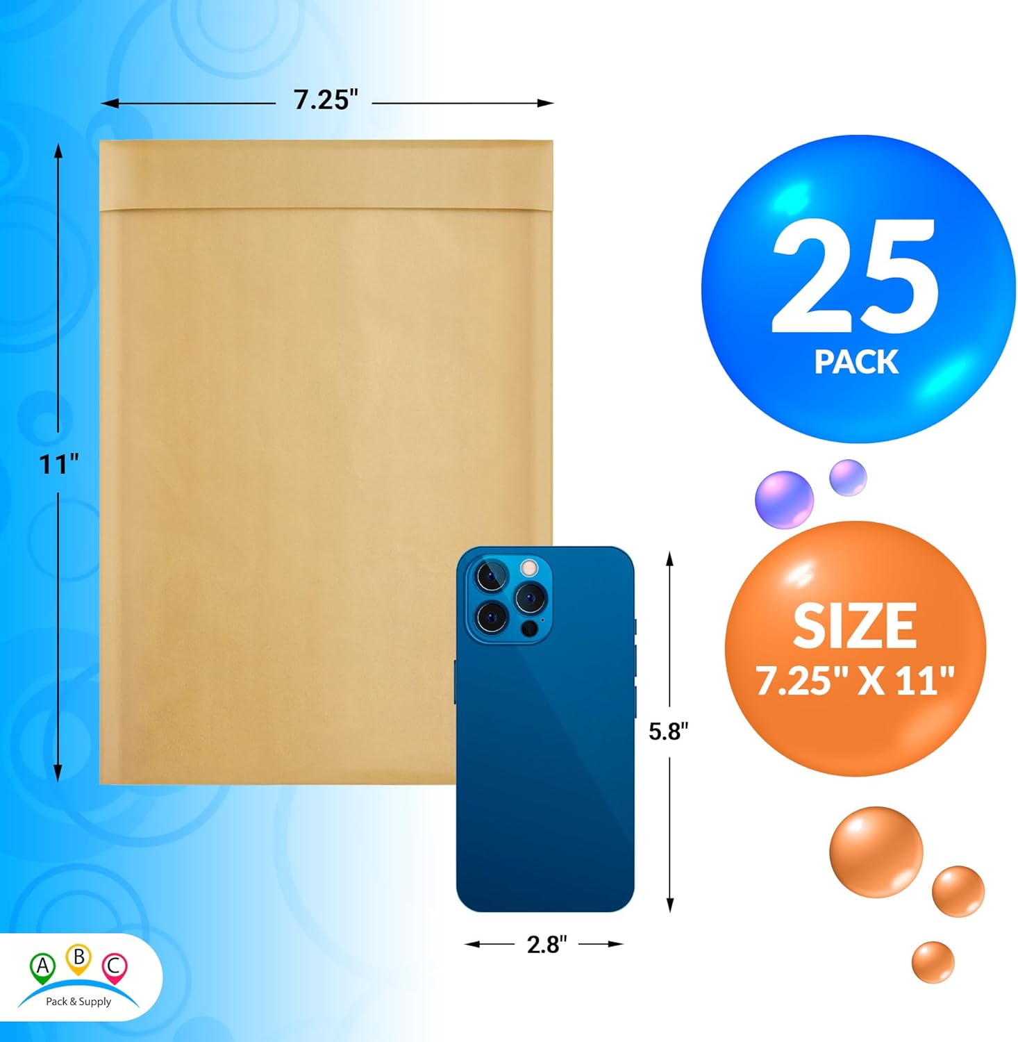 ABC PACK & SUPPLY Kraft Bubble Mailer, 7.25 x 11 Inches, Natural Brown Padded Envelopes Self Seal, Tear Resistant, 25 Pack, Paper Shipping Envelopes