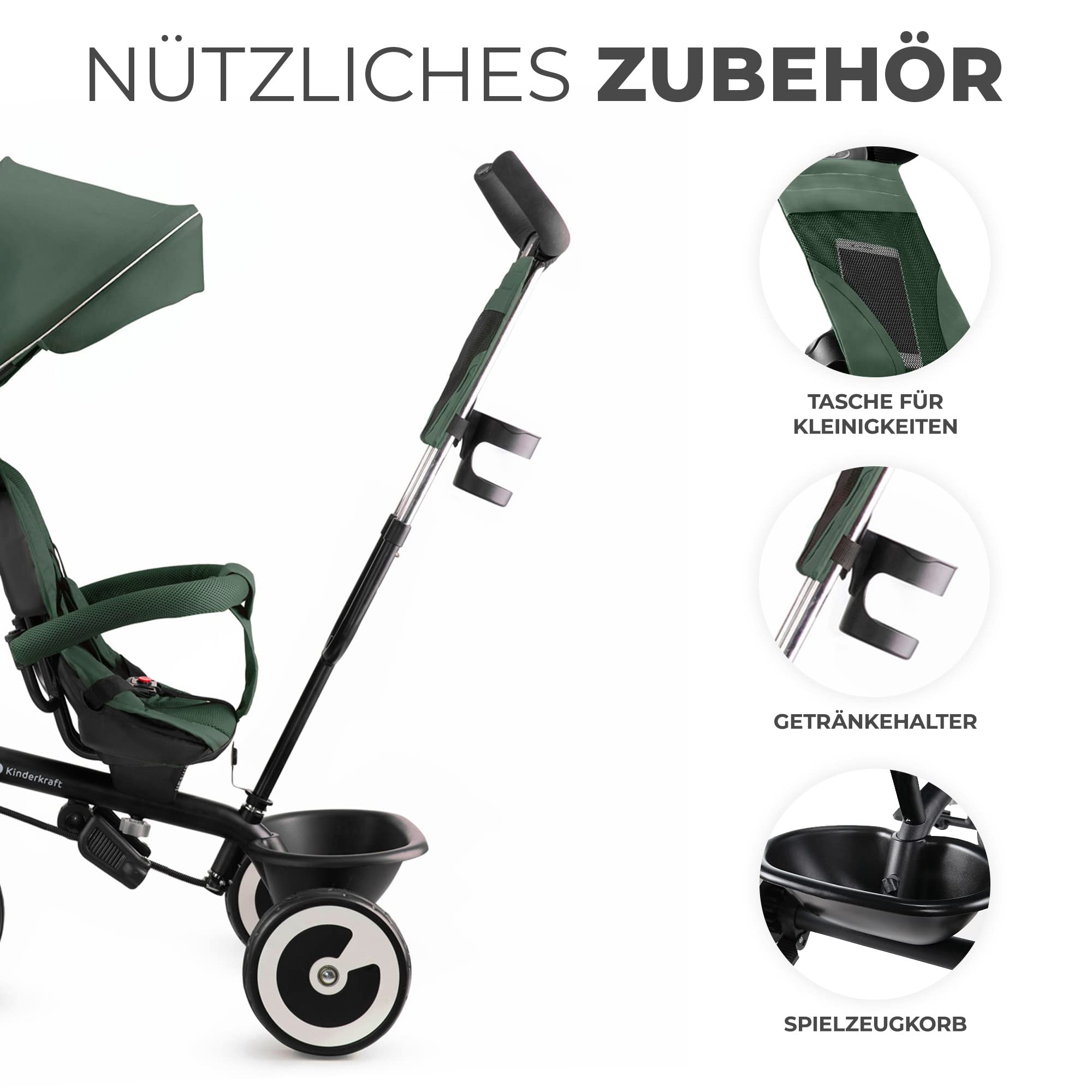 Kinderkraft Aston Dreirad ab 9 Monate bis 25 kg, Kinderdreirad mit schubstange, drehbarer Sitz Vorwärts und Rückwärtsfahrt, ausklappbarem Verdeck mit Sonnenschutz, Getränkehalter Korb im Set, Grün