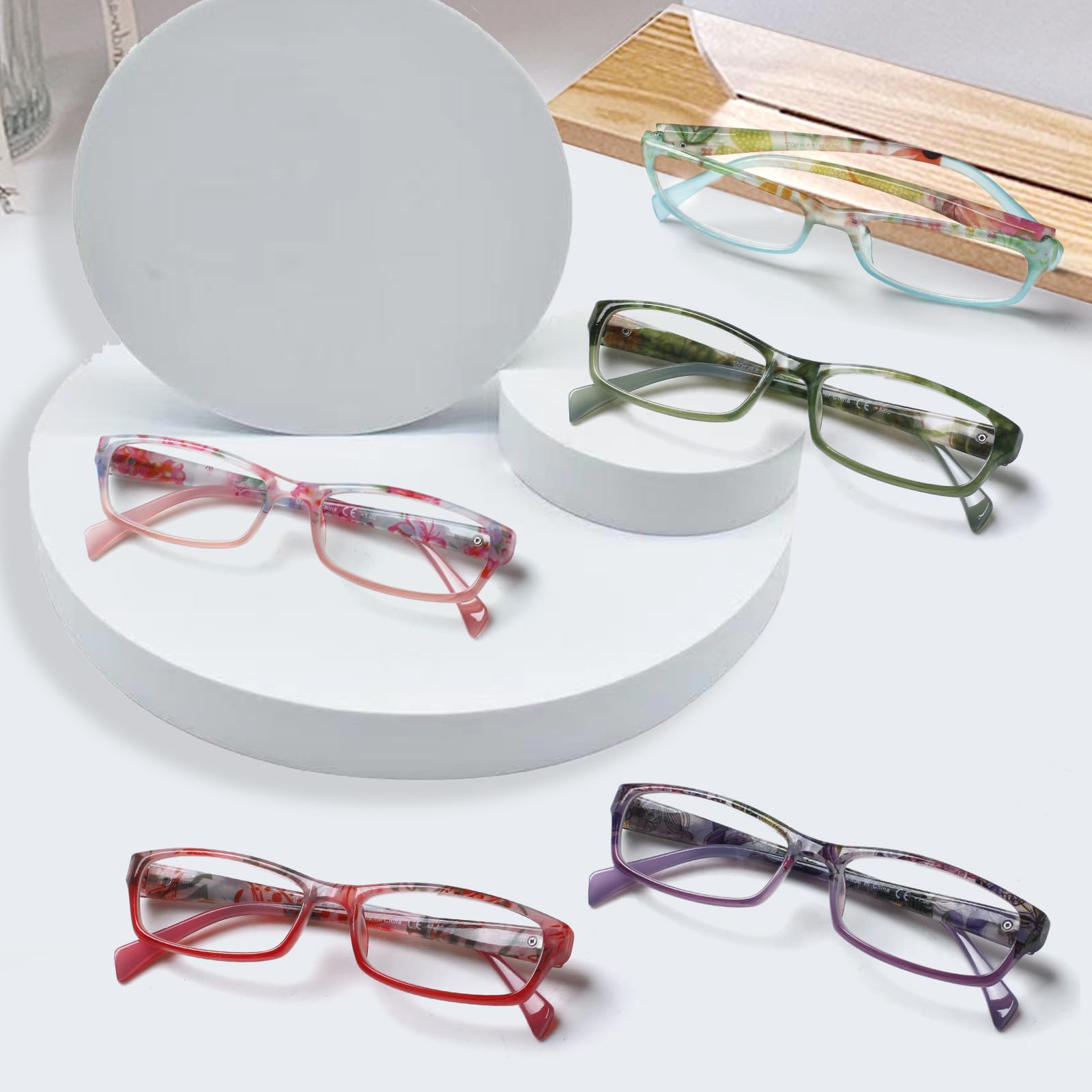 Kerecsen Set di 5 paia di occhiali da lettura alla moda da donna, con motivo stampato primaverile, occhiali da vista per donne