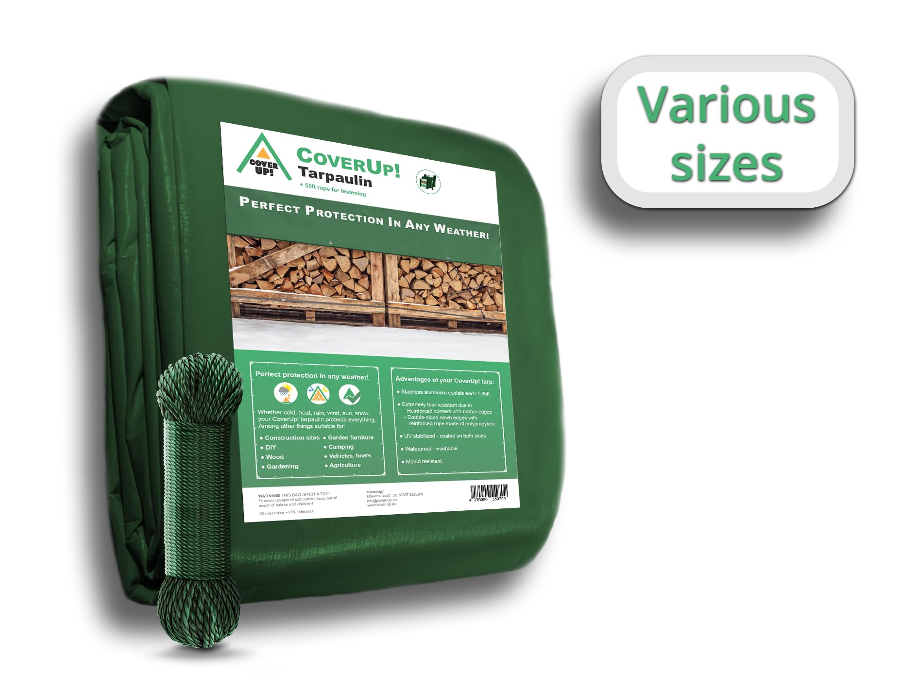 Coverup! Green Tarpaulin Waterproof Heavy Duty – Reinforced Tarp With Eyelets, Tear Resistant, Uv Protected, Ground Sheet Cover For Garden, Camping, Wood, Outdoor