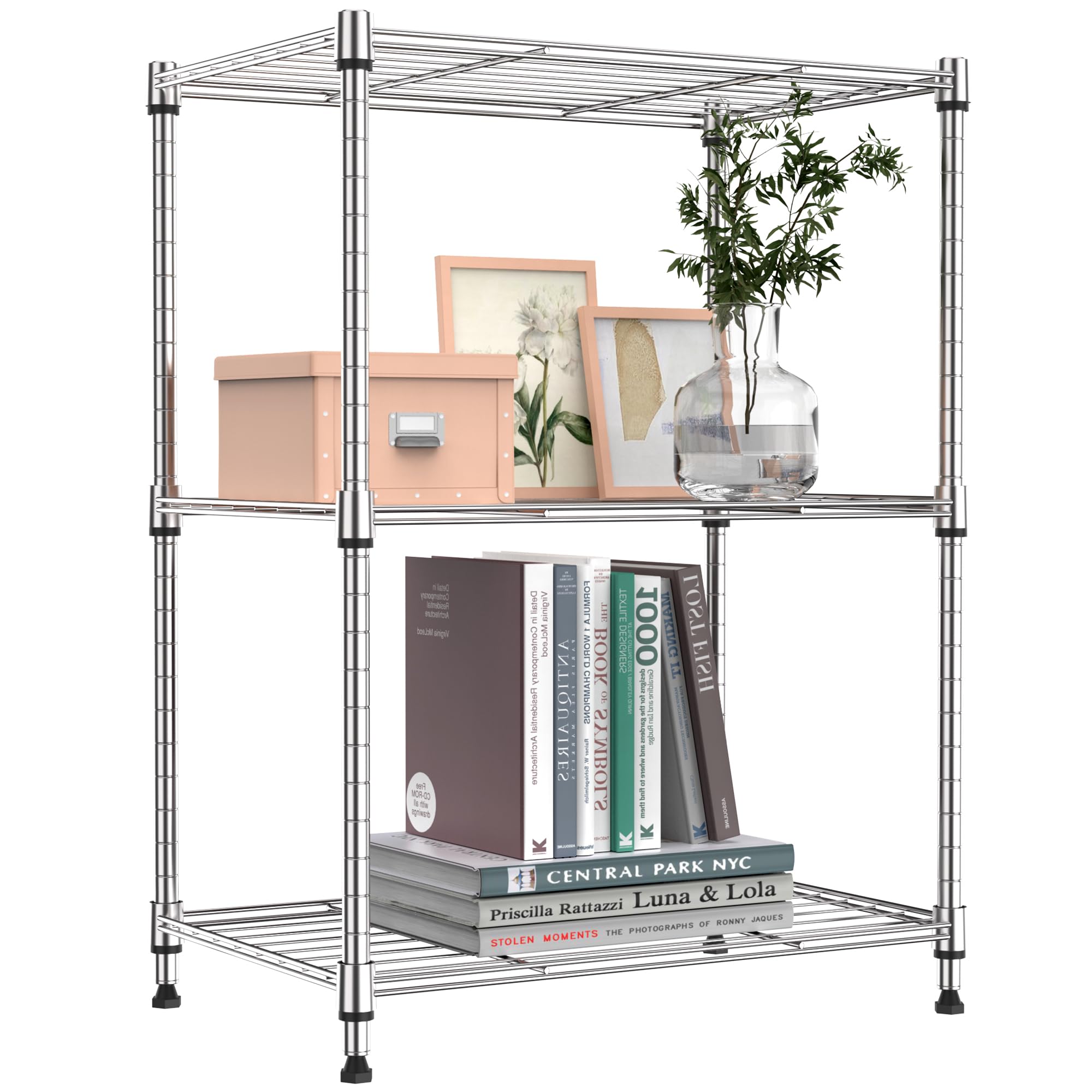 M MZG Storage Shelves 3 Tier Heavy Duty Metal Storage Unit With Height Adjustable Shelves and Levelling Feet 204.3 kg Load Weight Organizer for Garage, Laundry, Kitchen 30 x 45 x 67 cm Chrome