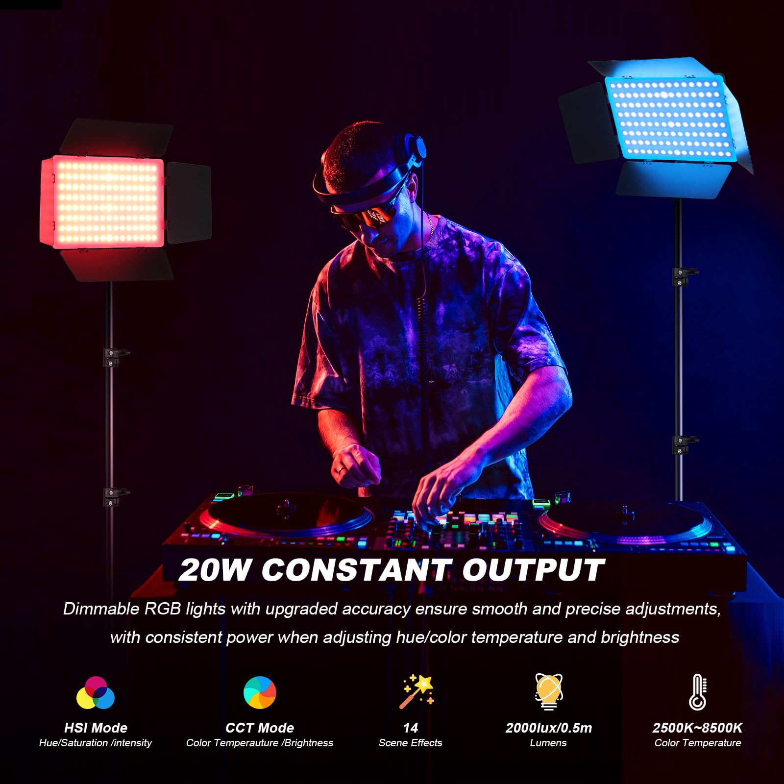 Soonpho 2-Pack RGB LED Video Luce Panel Set con Barn Door 2500-8500K Dimmerabile 20W Light Fotografia Studio Illuminazione con 1,6 m Treppiede Stand e Mobile Phone Holder per Video YouTube Live