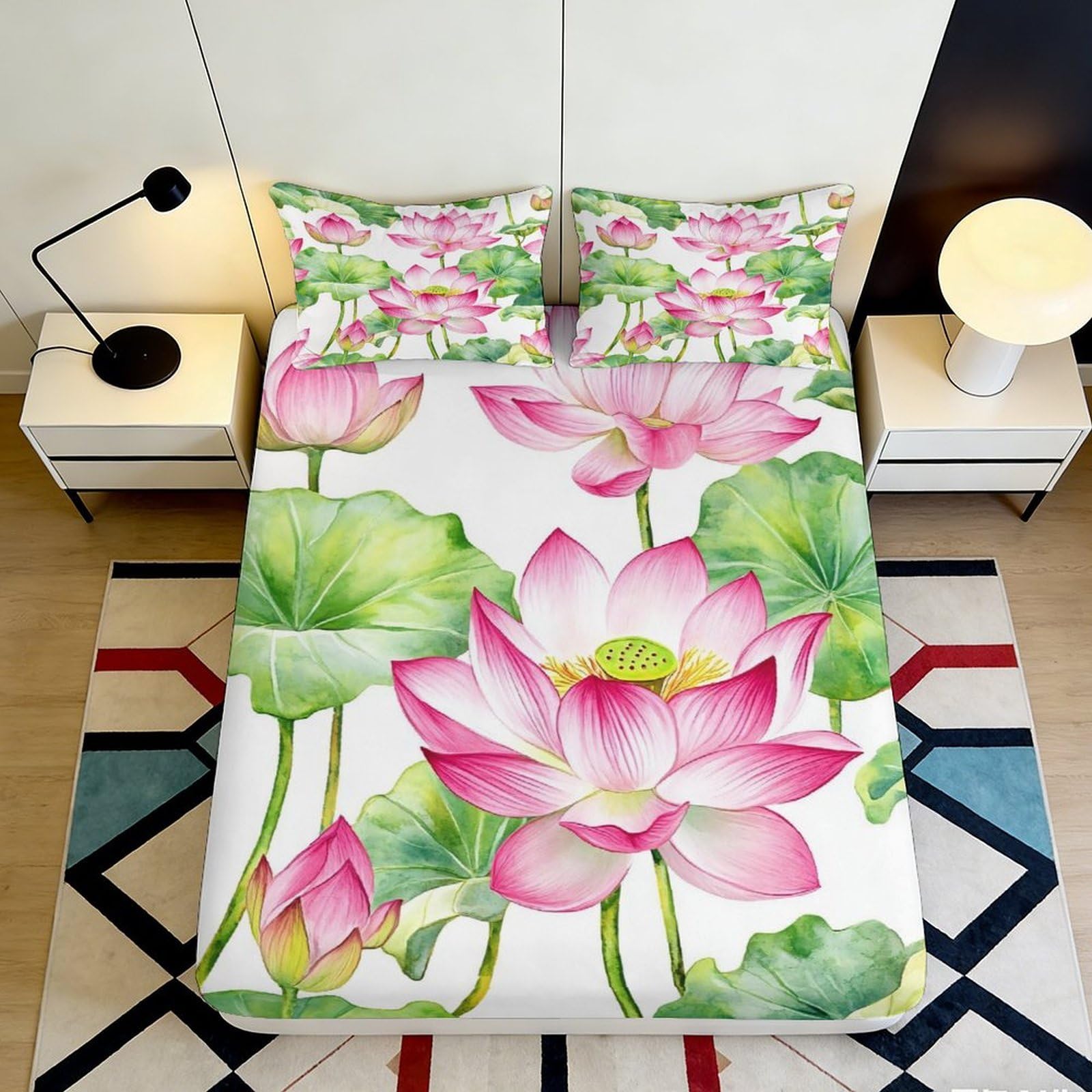 3D Printed Lotus Flower Fitted Sheet Microfiber Soft Breathable Watercolor Leaf Bed Cover for Bedroom Decor Protection 90x200x25cm