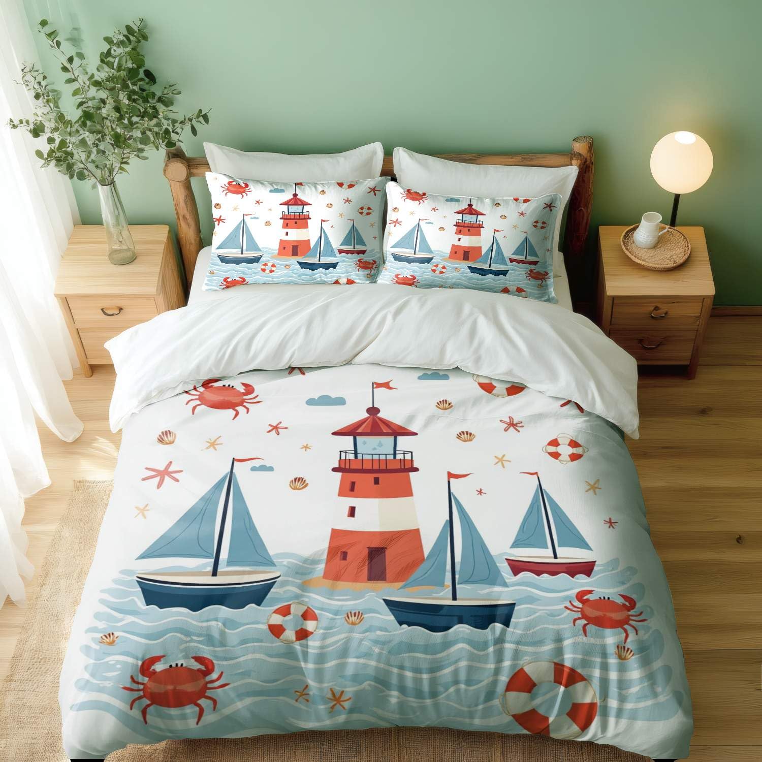 Housse de couette phare océan lit simple avec 2 taies d'oreiller
