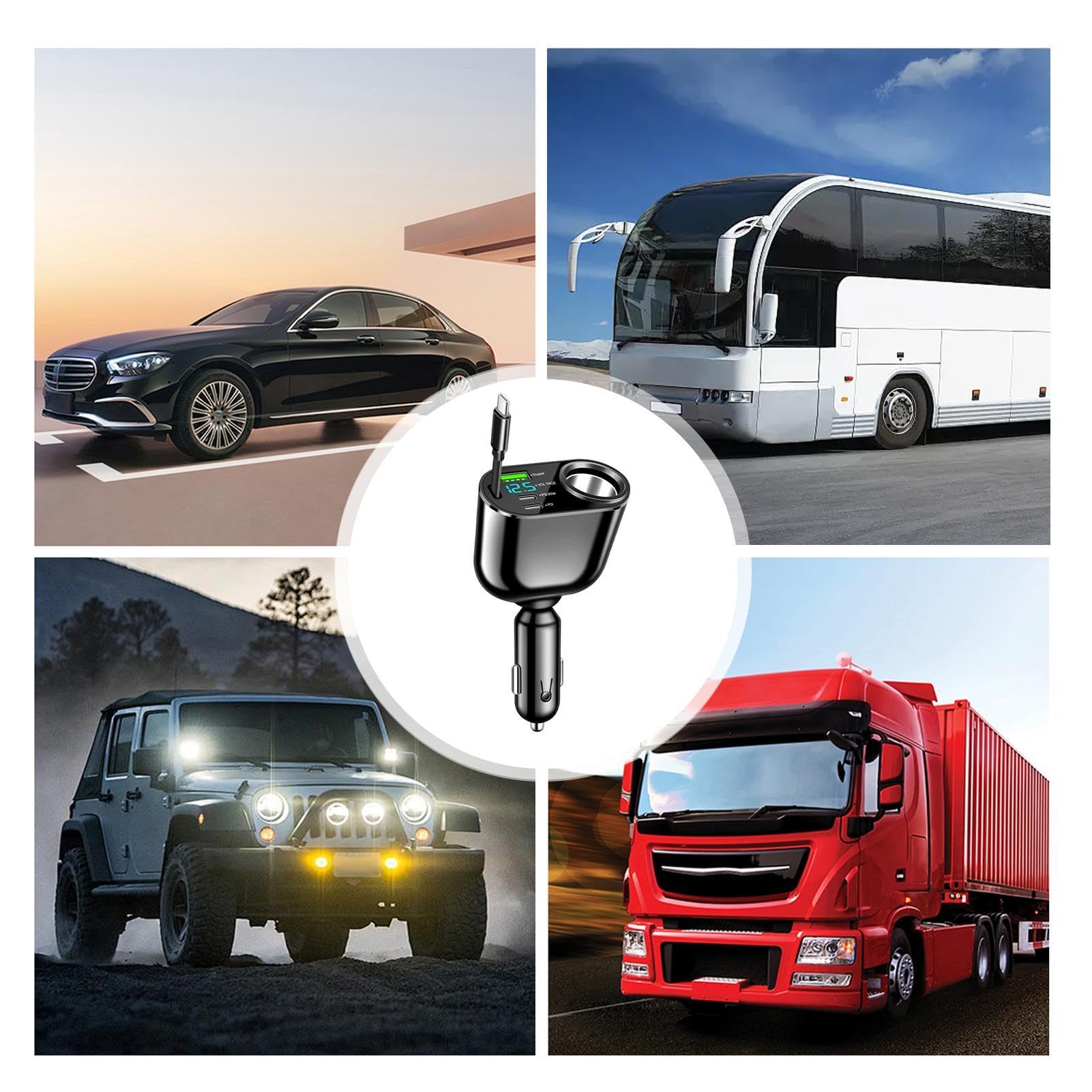 Adattatore per Caricabatteria da Auto, Caricabatteria da Auto USB Rapido | Caricabatterie Automatico per Cellulare con Cavo retrattile | Adattatore per Caricabatterie Automatico Design esterno p