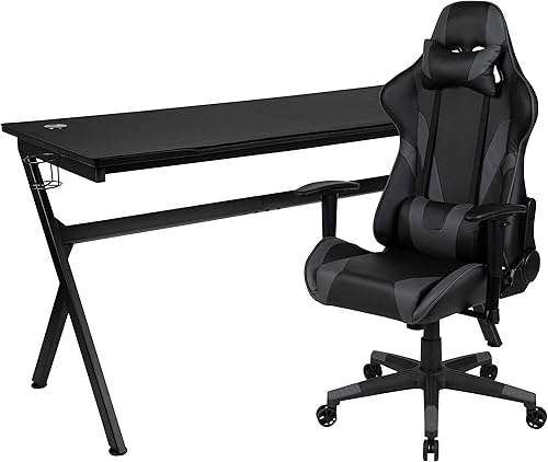 Miniatura 466 de Flash Furniture Juego de escritorio para juegos negro y silla de carreras blanco/negro con soporte para tazas, gancho para auriculares y soporte