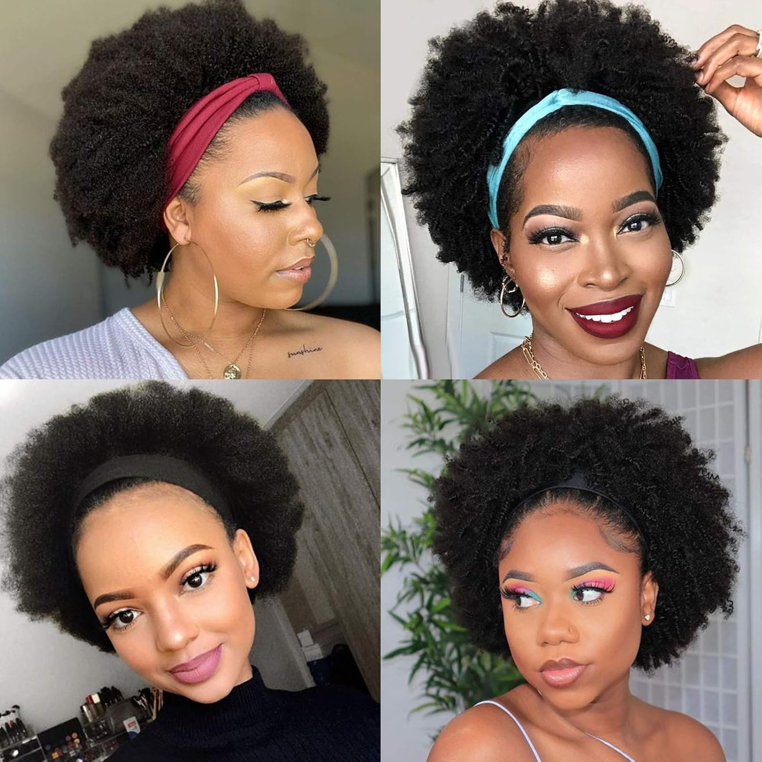 LEOSA Short Afro Kinky Curly Wigs for Black Women with Headbands Attached Synthetic Replacement Wig Hair Afro Kinky Wig Headbands For Women