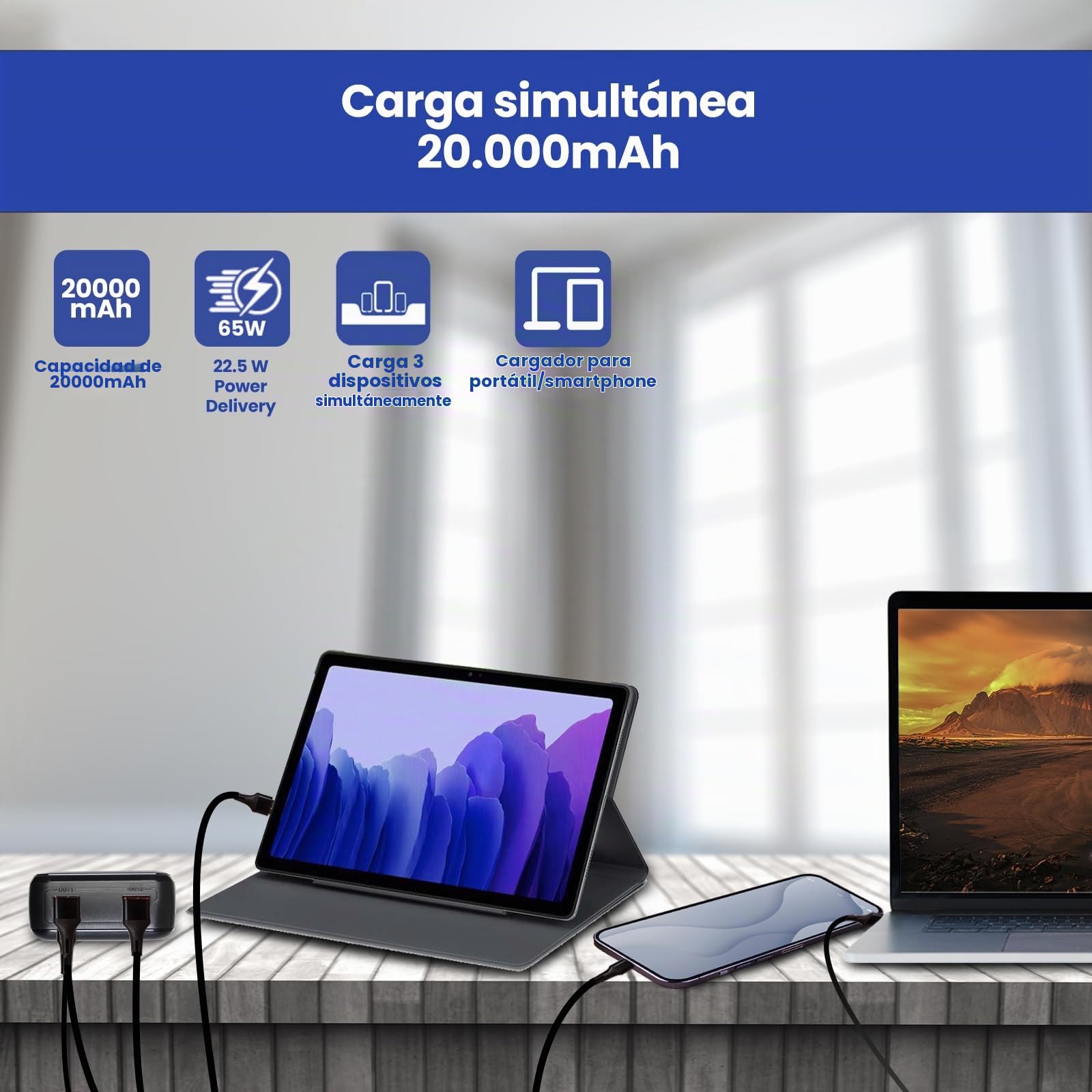 Ewent 65W Power Bank, 65W 20000mAh Bateria Externa Carga Rapida, Cargador Portatil USB C Input & Output para MacBook Pro Steam Deck iPhone 16 15 14 13 12 Pro Mini MAX Samsung S22 S21 iPad etc