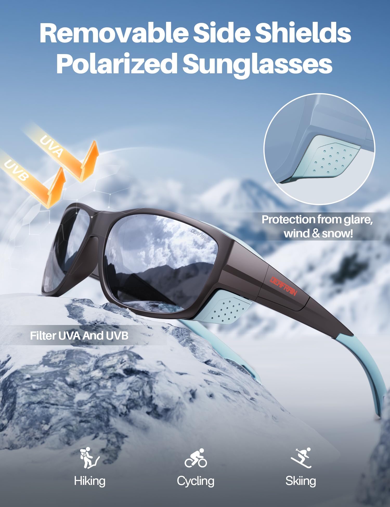 DEAFRAIN Polarisierte Sport-Sonnenbrille für Herren und Damen, mit abnehmbarem Seitenschild, zum Wandern, Skifahren, Klettern, UV-Schutz