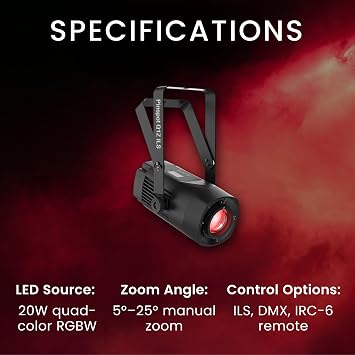 CHAUVET DJ PinSpot Q1Z ILS Compact LED Pinspot Light | 20W RGBW Quad-Color, Manual Zoom, OLED Display | ILS Instant Light Shows | IRC-6 Remote & ILS Command Compatible | DMX Control