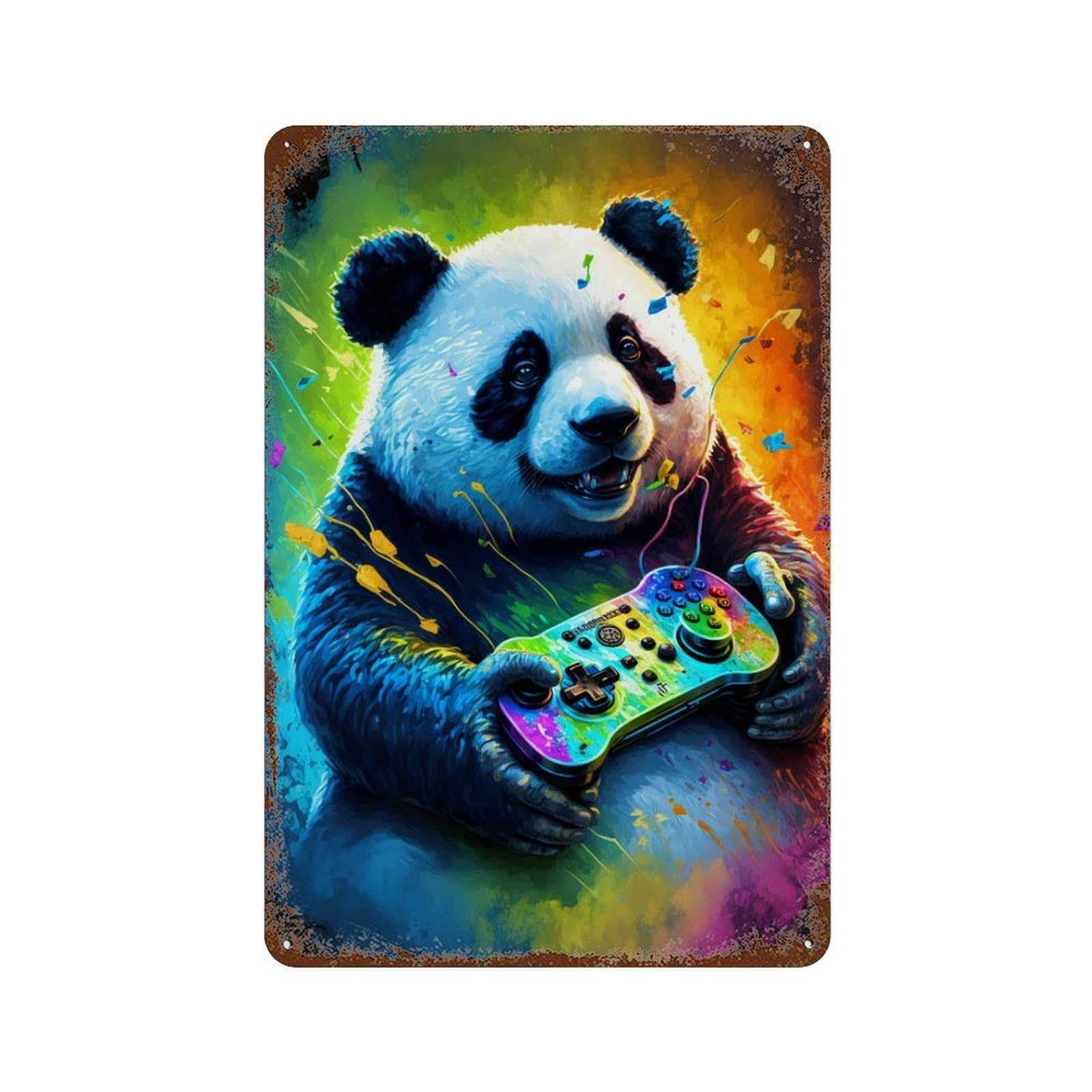 Distressed Metal Wall Sign with Colorful Panda Gaming Art Print Design 11.8"x7.9", for Cafe, Home Bar And Lounge Decor, Retro Wall Decor