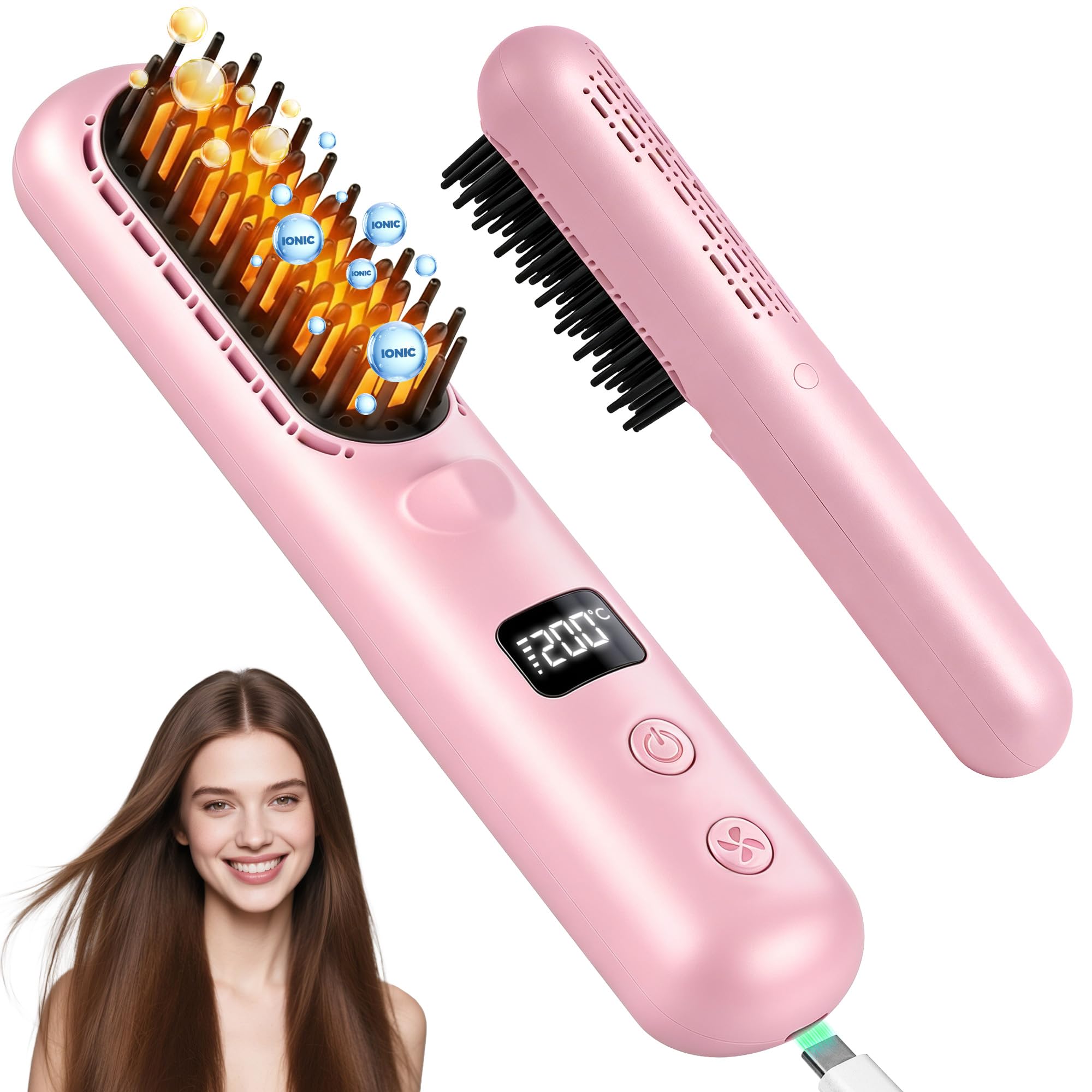 Photo 1 of Go Brush Pro 2026, Cordless Hair Straightener Brush, Mini Hair Straightener with 3 Temperature Settings, Portable Hair Straightener Brush with MCH Heating and Ionic & Ceramic Care for Women (Pink)
