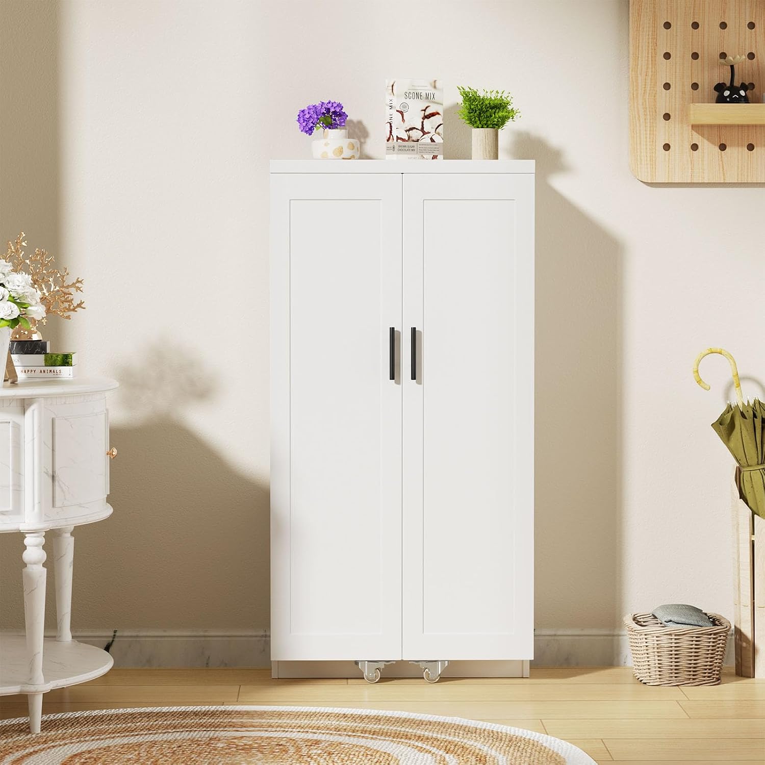 ROOMTEC 47” Kitchen Pantry Cabinet, White Freestanding Buffet Cupboards Sideboard with Doors & Adjustable Shelves, Kitchen Pantry Storage Cabinet for Kitchen, Living Room and Dinning Room