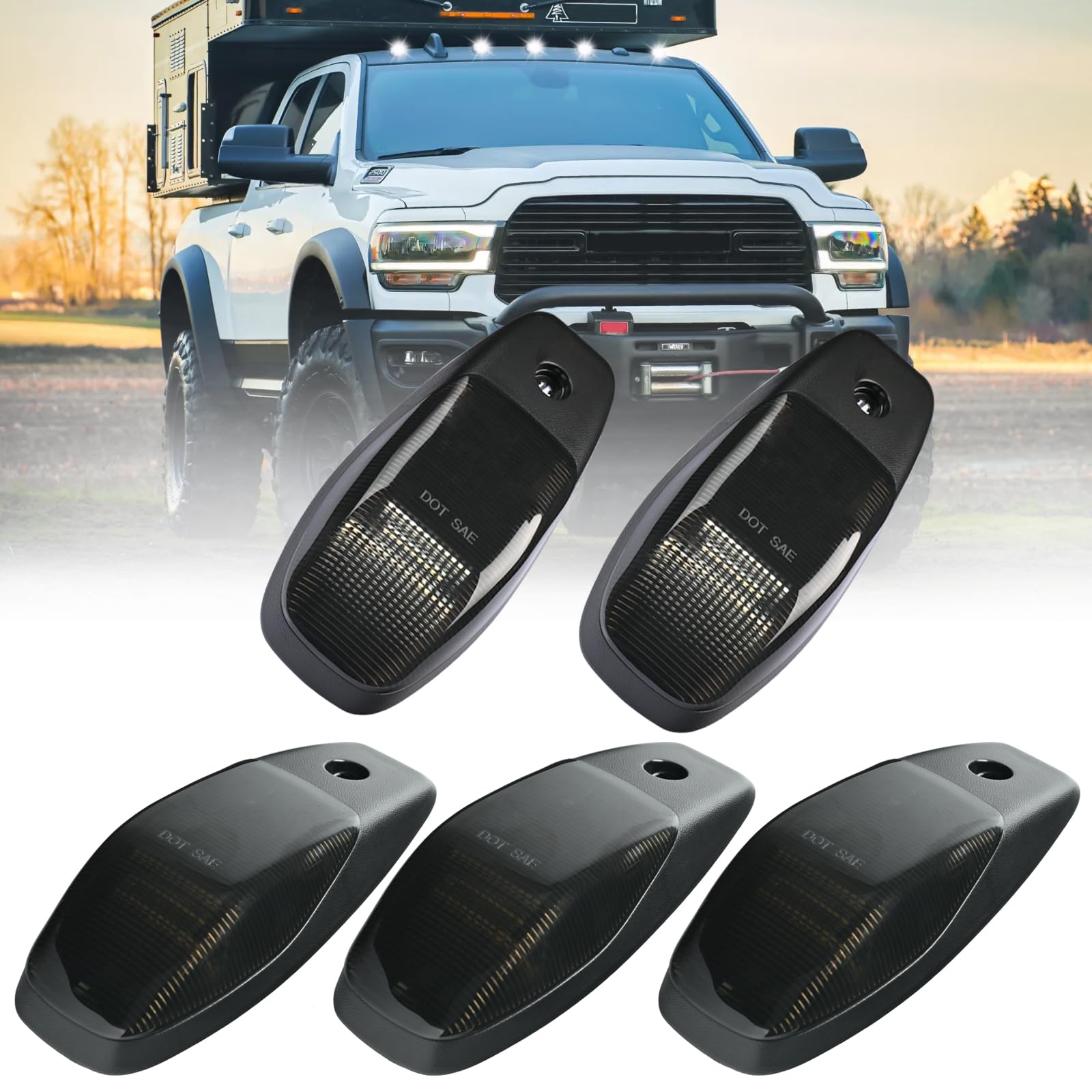 LUDARM LED Cab Roof Lights Compatible with 2019-2024 RAM 2500 3500 4500 5500 Pickup Truck Cab Clearance Light 5PCS White Light Smoke Lens