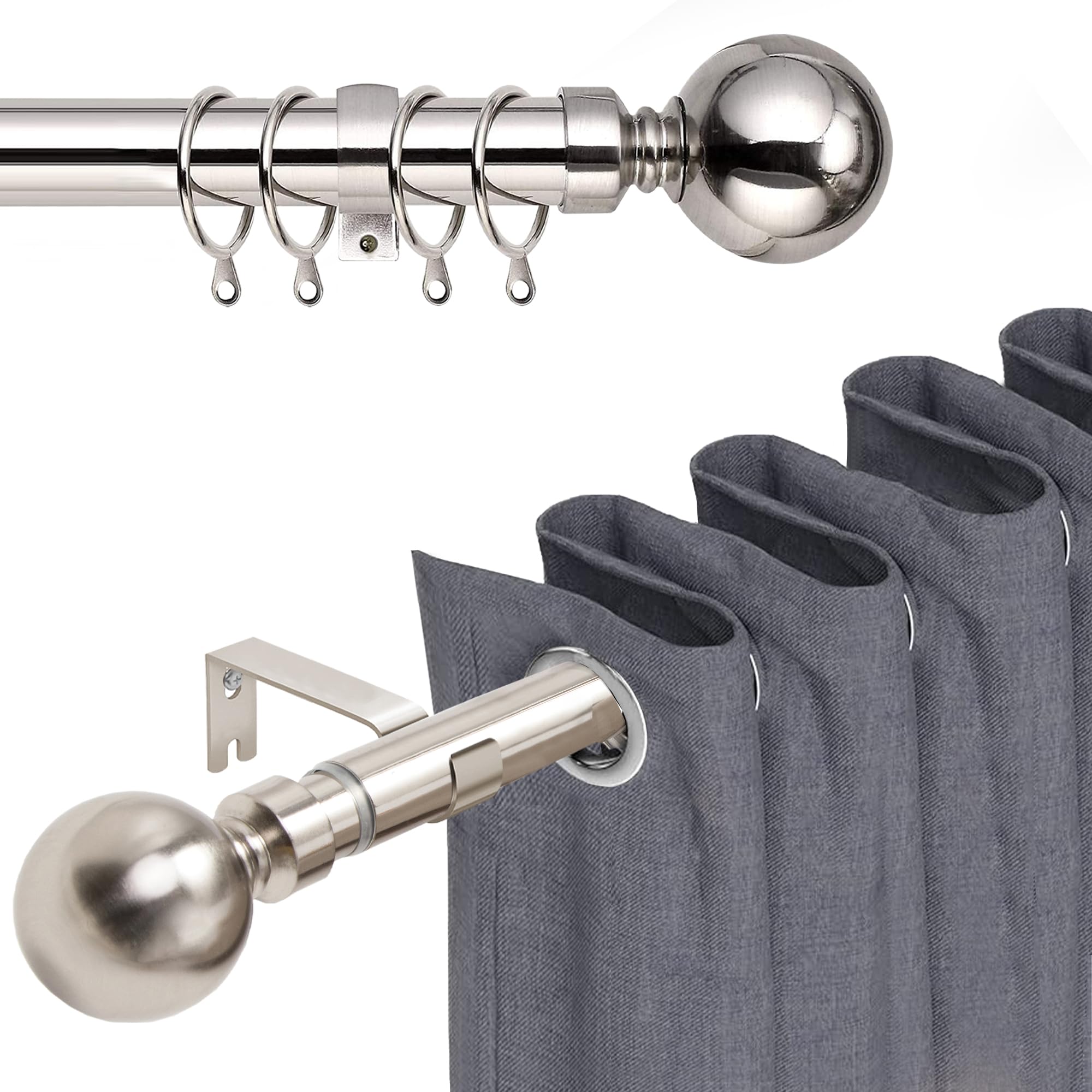BedLooms Curtain Poles for Eyelet Curtain 70x120cm Extendable Brushed Silver Curtain Pole - Includes Curtain Rod Finials, Hooks, Rings and Fitting Set
