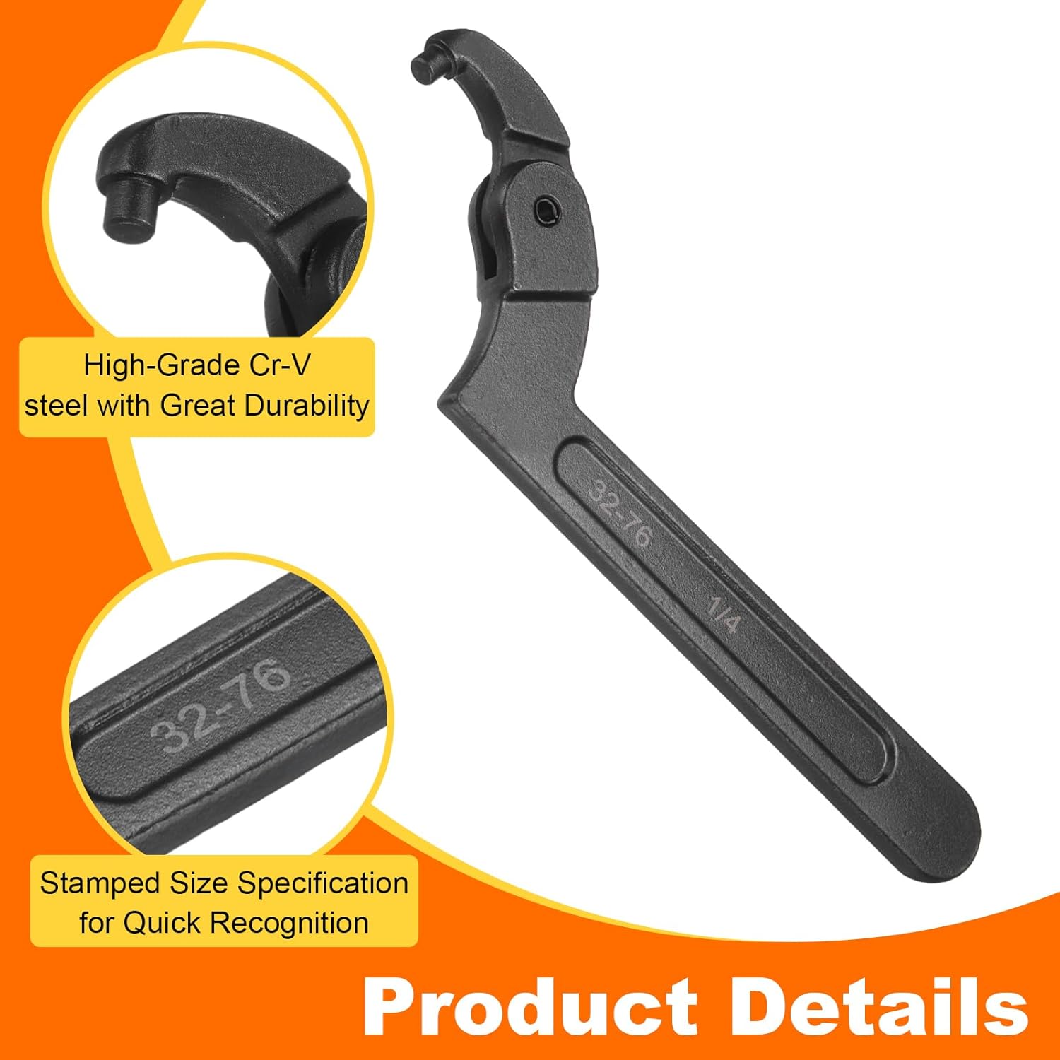 HARFINGTON C Hook Spanner Wrench, 1-1/4 to 3 inches Adjustable C Pin Motorcycle Shock Nut Chrome Vanadium Spanner Wrench Tool with 1/4-inch Round Head for Machine, Vehicles, Mechanical
