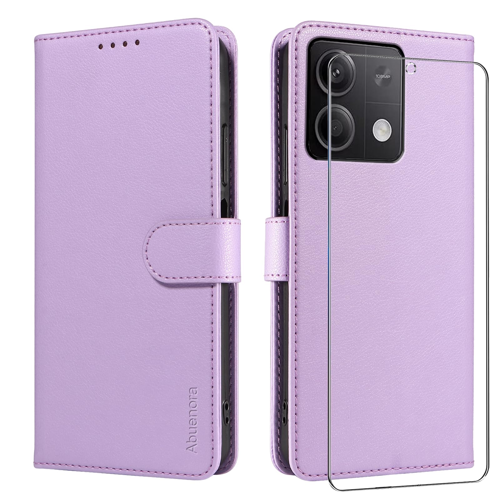Abuenora Cover per Xiaomi Redmi Note 13 4G con Pellicola Vetro Temperato, Custodia a Libro Flip Portafoglio in Pelle [Blocco RFID] Case - Lilla